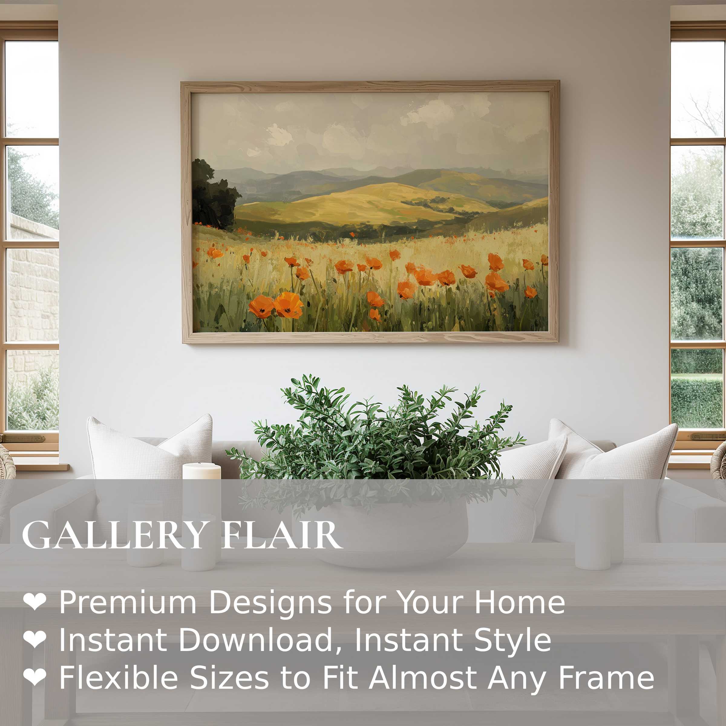 Spring wall art print showcasing a radiant poppy meadow and rolling hills, enriching modern minimalist interiors with serene, natural elegance