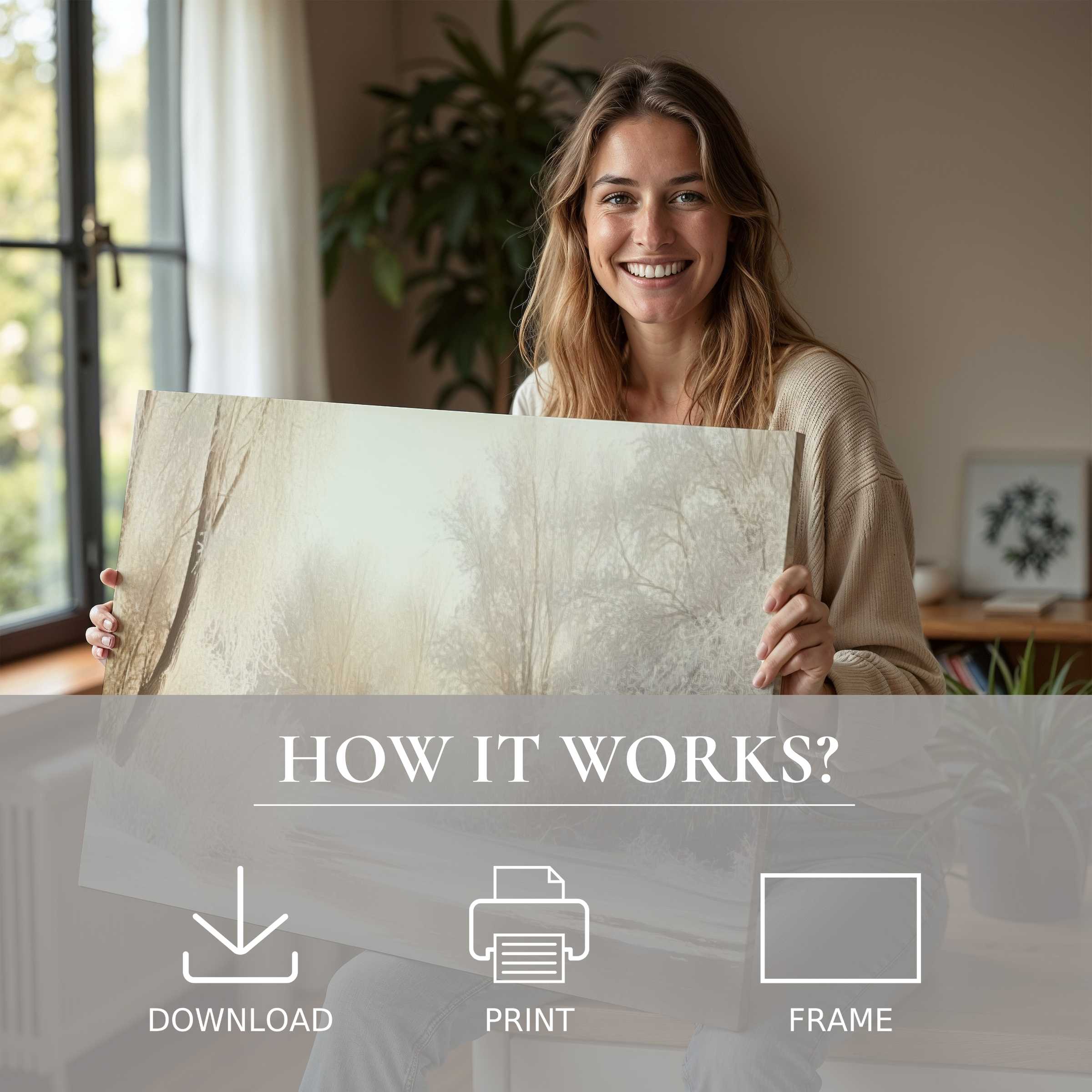 Serene winter digital art print embraced in a sunlit modern home, inspiring effortless joy and elevated living with art