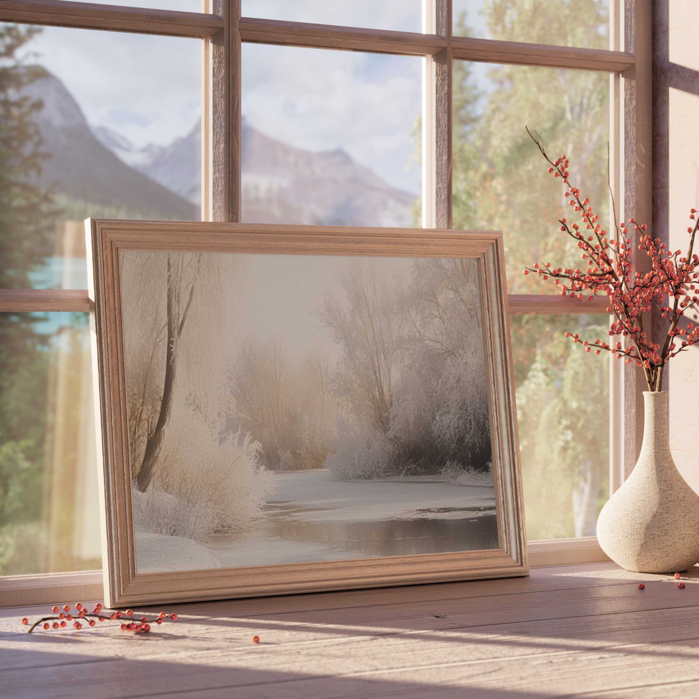 Winter downloadable art capturing serene frosted landscapes, perfect for elevating tranquil, curated interiors with soft light and natural elegance