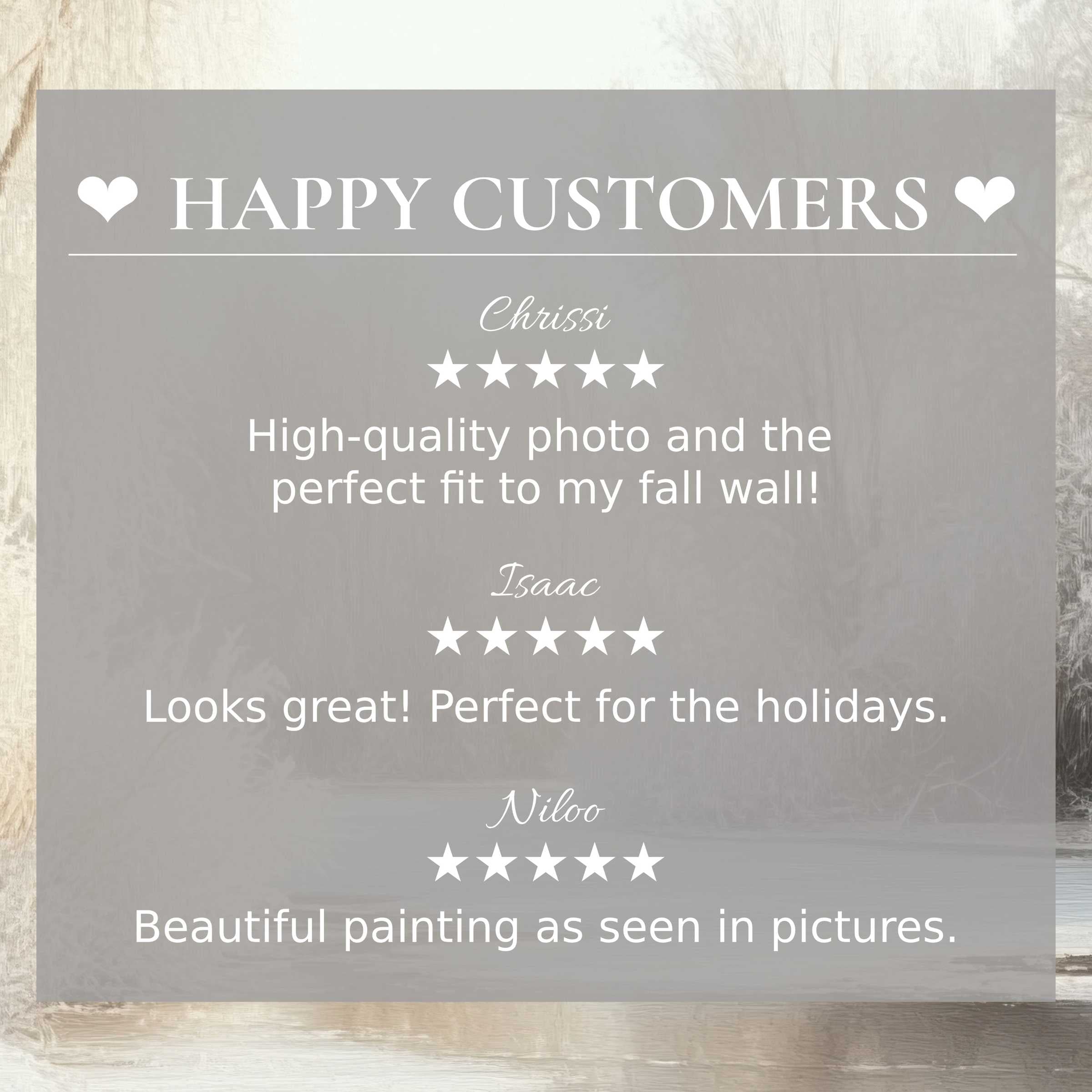 Winter art for Frame TV with serene frosted landscape background, showcasing happy customer reviews and elegant trust-building design