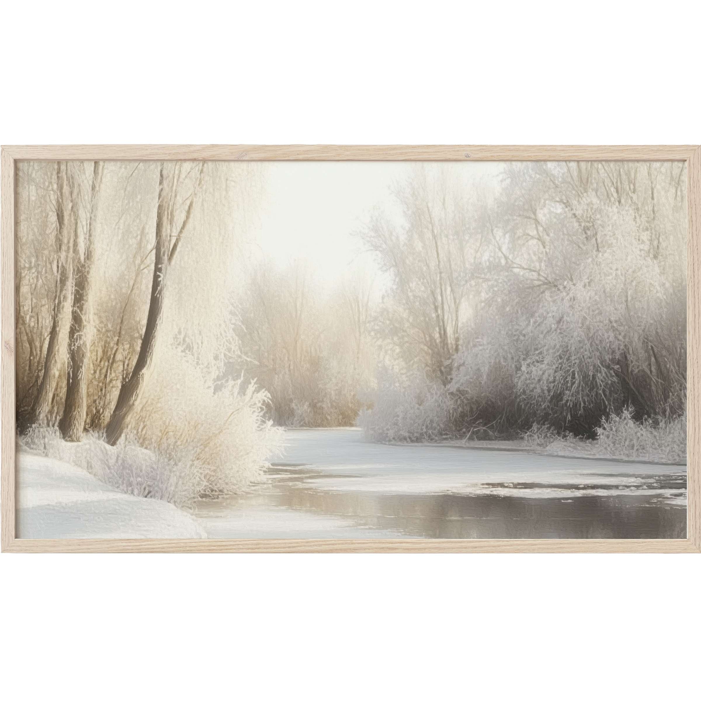 Winter Frame TV Art: tranquil snowy river landscape in soft whites and beige hues with a serene, modern aesthetic