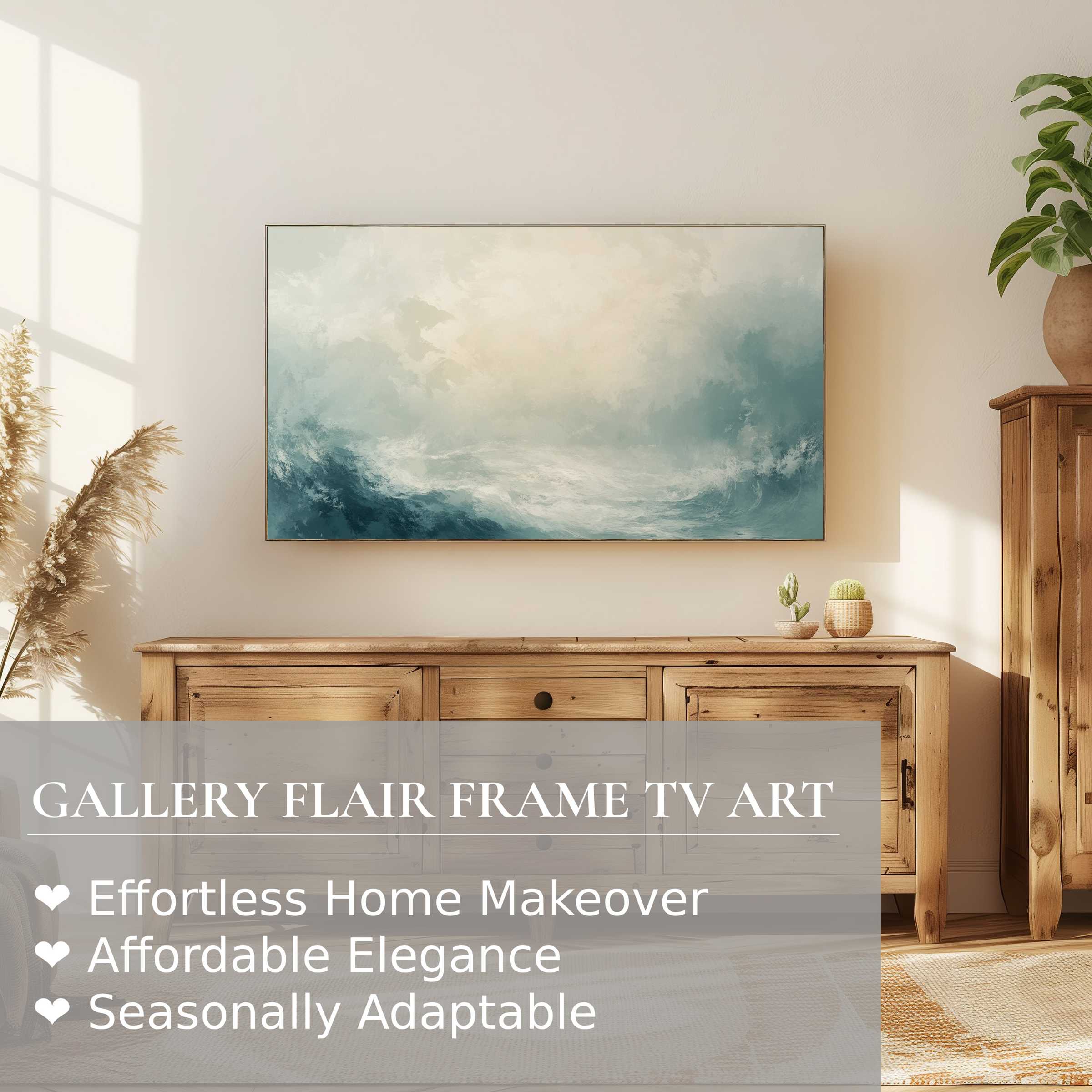 Modern coastal digital artwork displayed on Samsung Frame TV above rustic wood console in bright, airy room