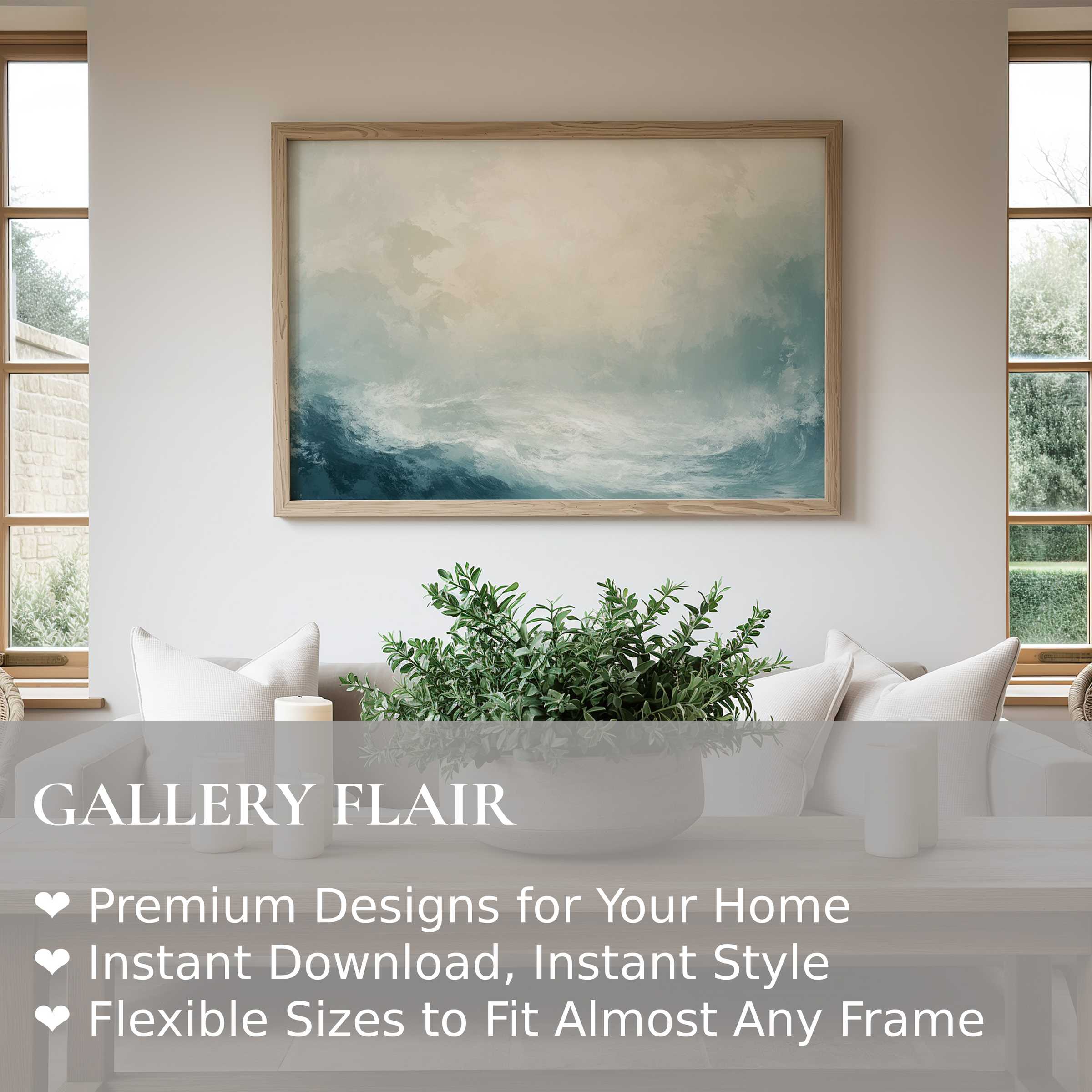 Coastal wall art print with radiant seascape in soft blues and creams, enhancing serene modern interiors with calming coastal elegance