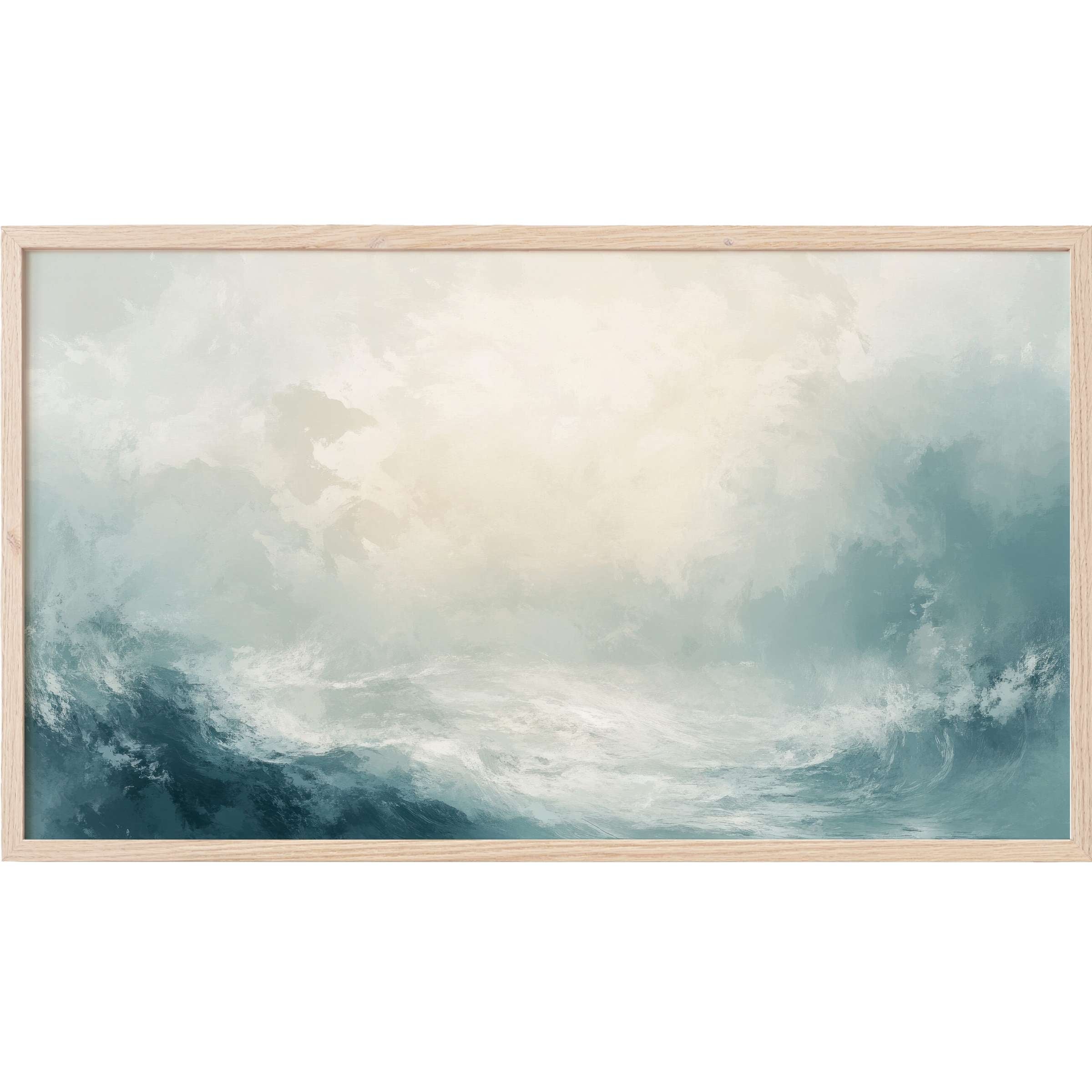 Coastal Frame TV Art featuring serene ocean waves in soft blues and creamy whites, modern and elegant style
