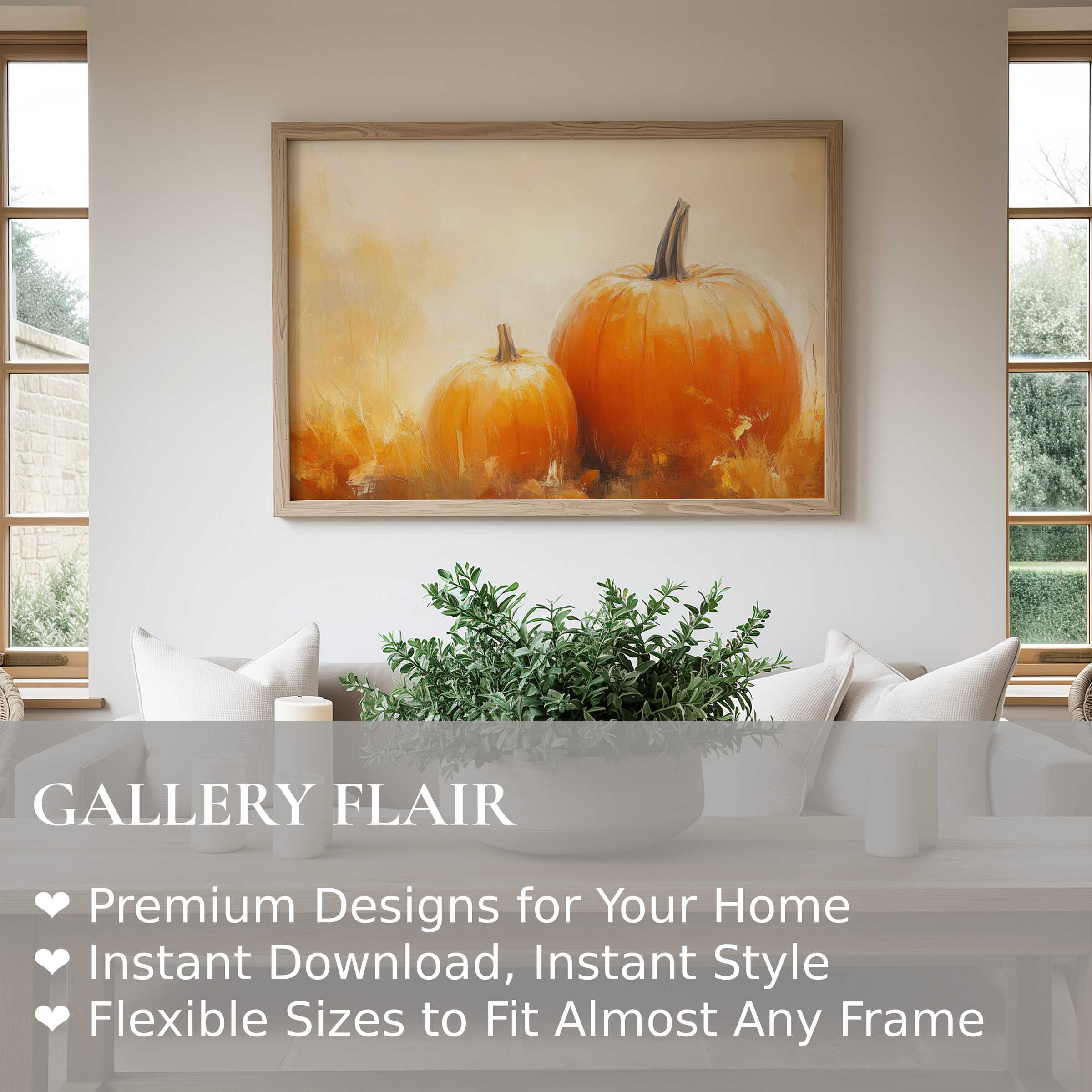 Fall wall art print featuring radiant pumpkins in soft autumn hues, enhancing modern farmhouse interiors with warm seasonal elegance