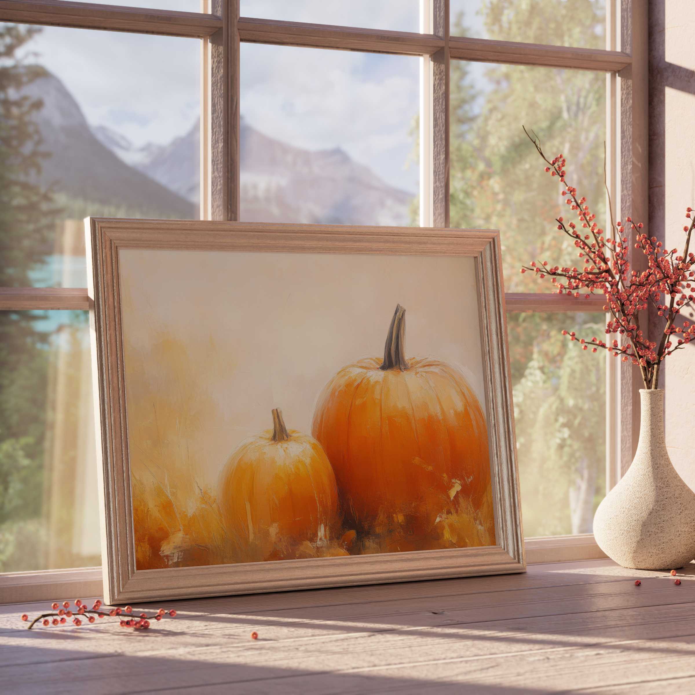 Fall downloadable art featuring warm, elegant pumpkins in soft light, enhancing curated, tranquil interiors with autumn charm and seasonal decor