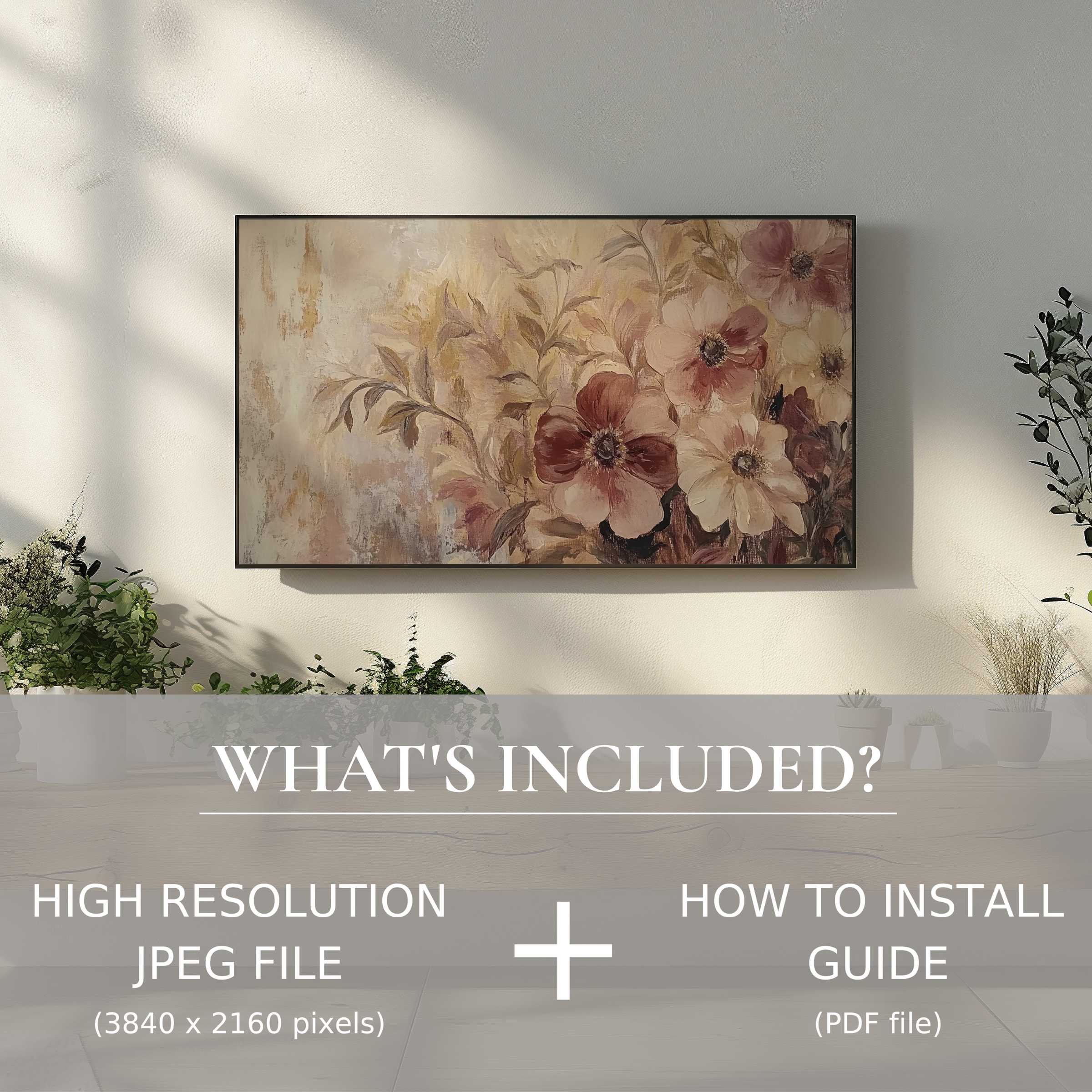 Elegant boho digital TV art download with floral design, easy digital use enhances any stylish modern living space