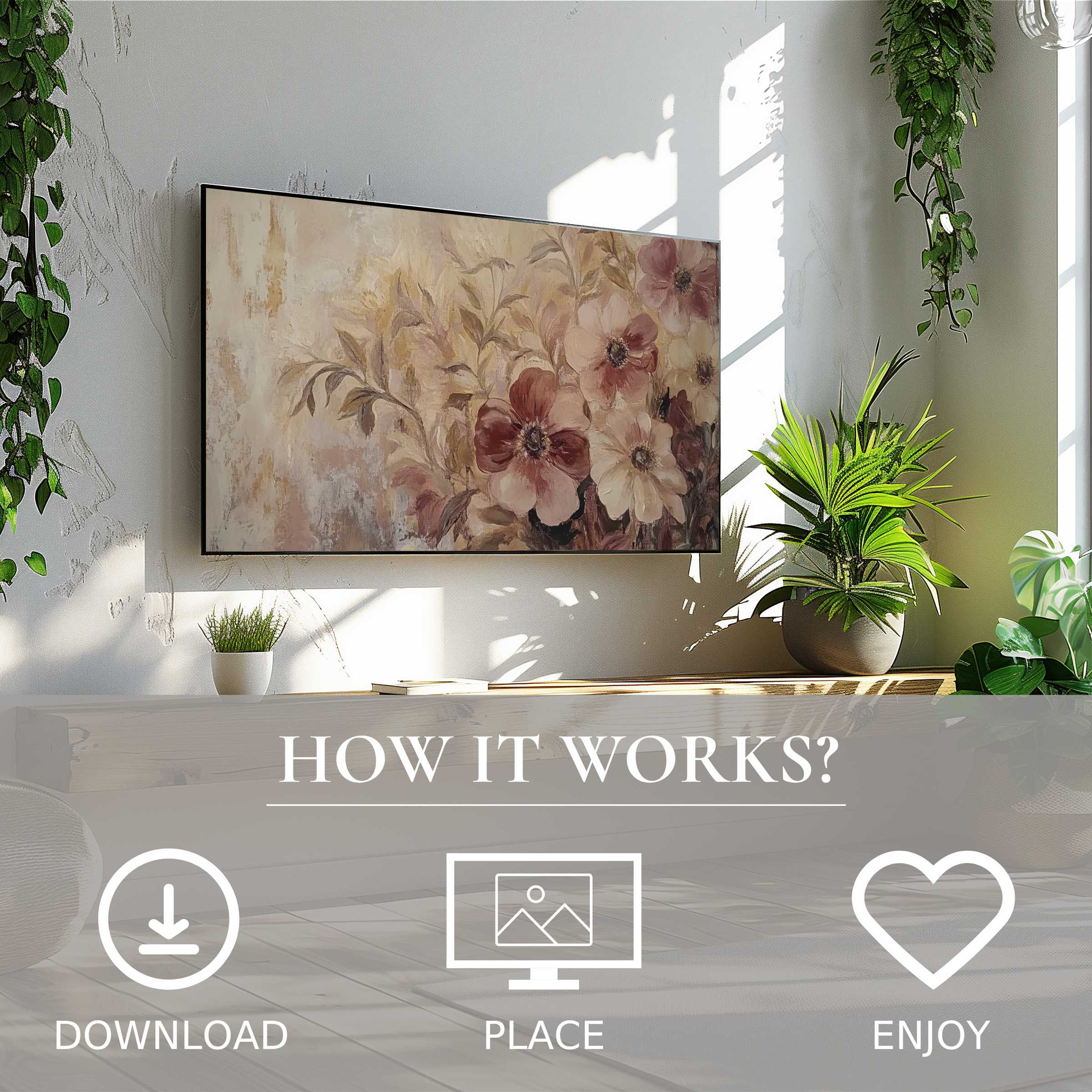 Boho art for Samsung TV shows soft floral tones, simple digital download enriches bright modern living room ambiance