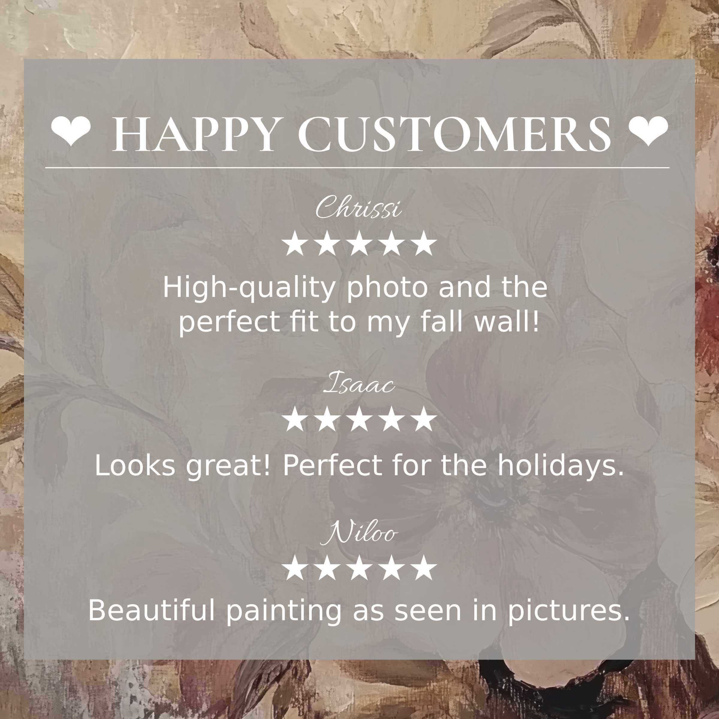 Boho art for Frame TV with abstract floral tones, showcasing happy customer reviews and refined, trust-building design