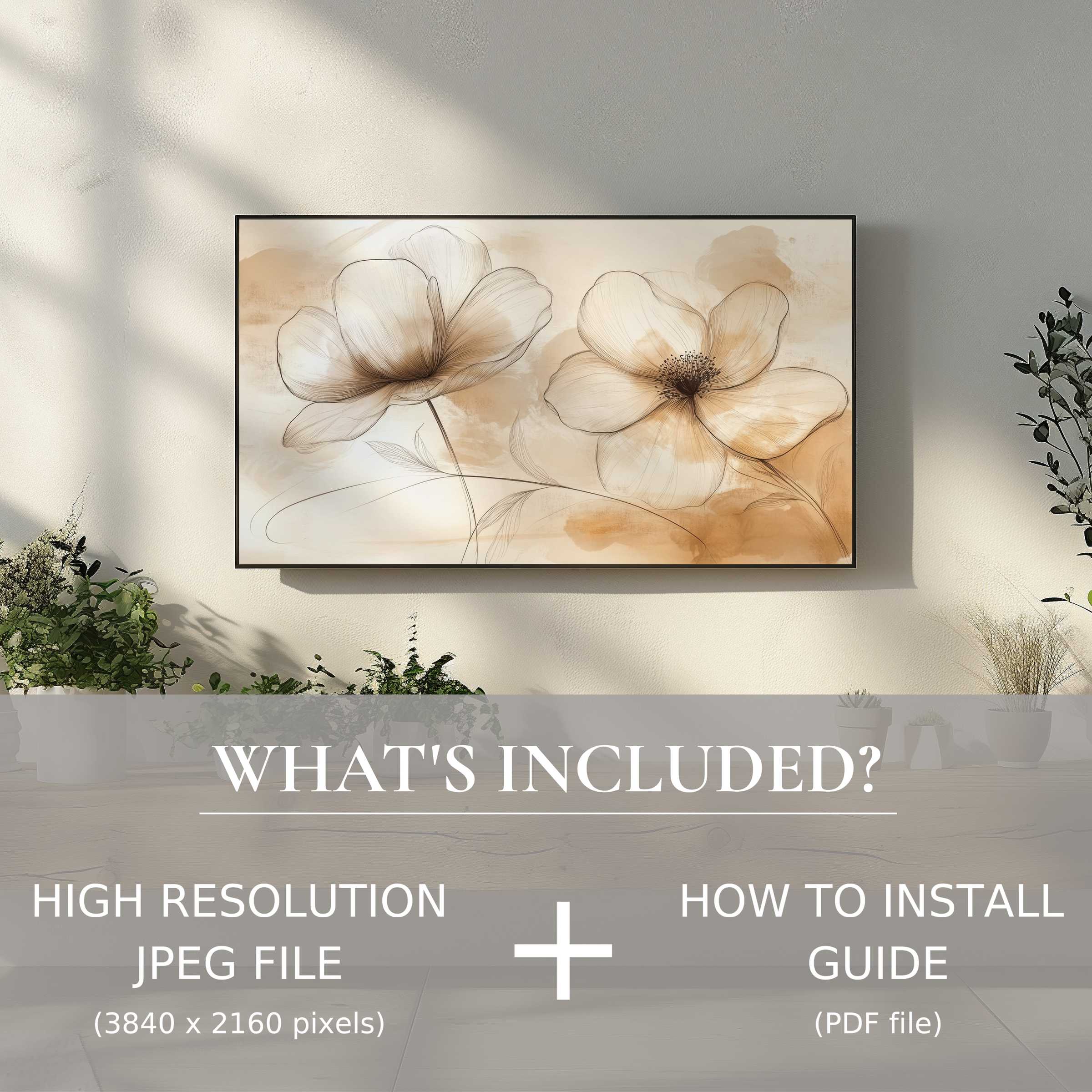 Elegant neutral digital TV art download, easy to use, enhances modern living spaces with subtle floral charm