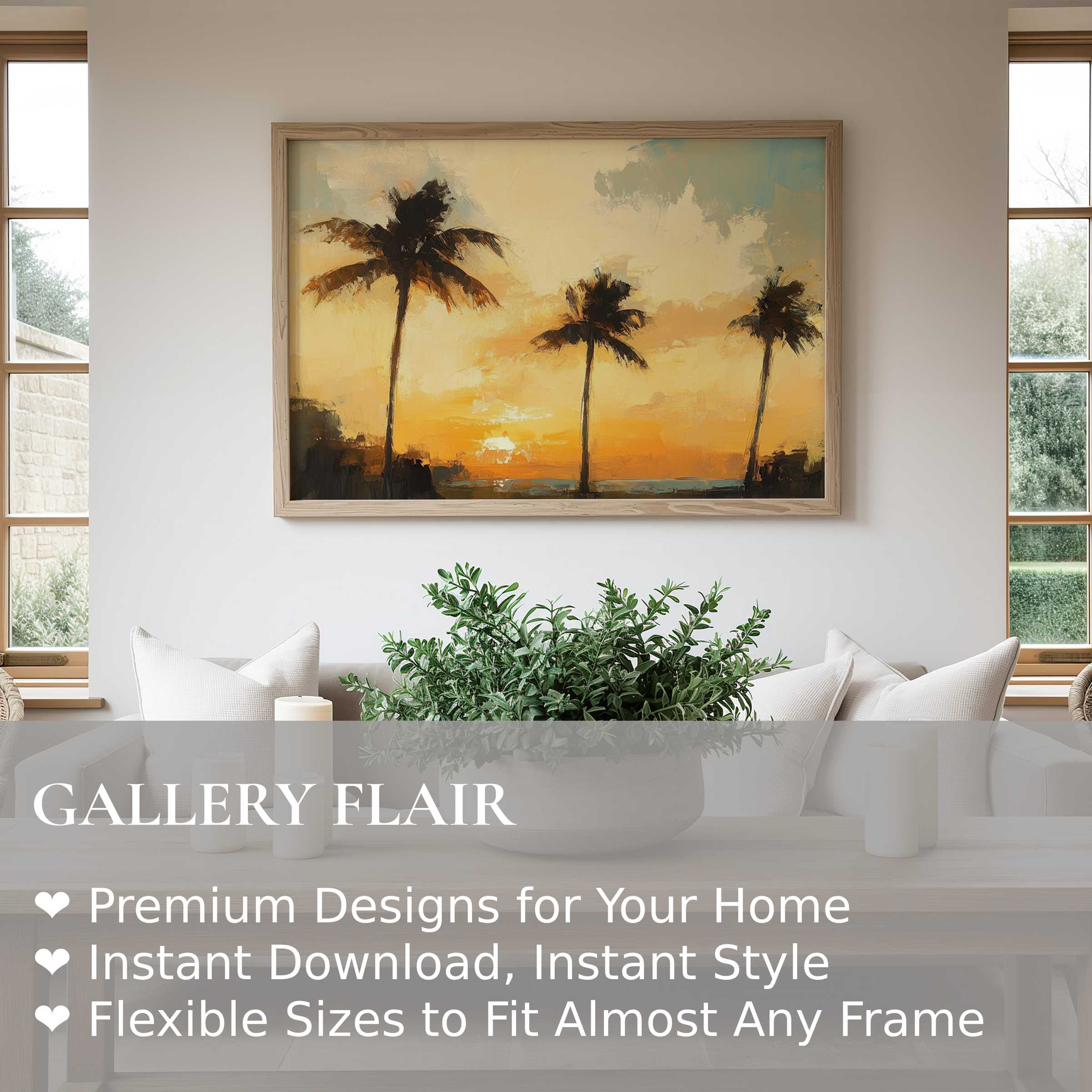 Beach wall art print of a radiant sunset with palm silhouettes, enhancing modern coastal interiors with warm, calming elegance