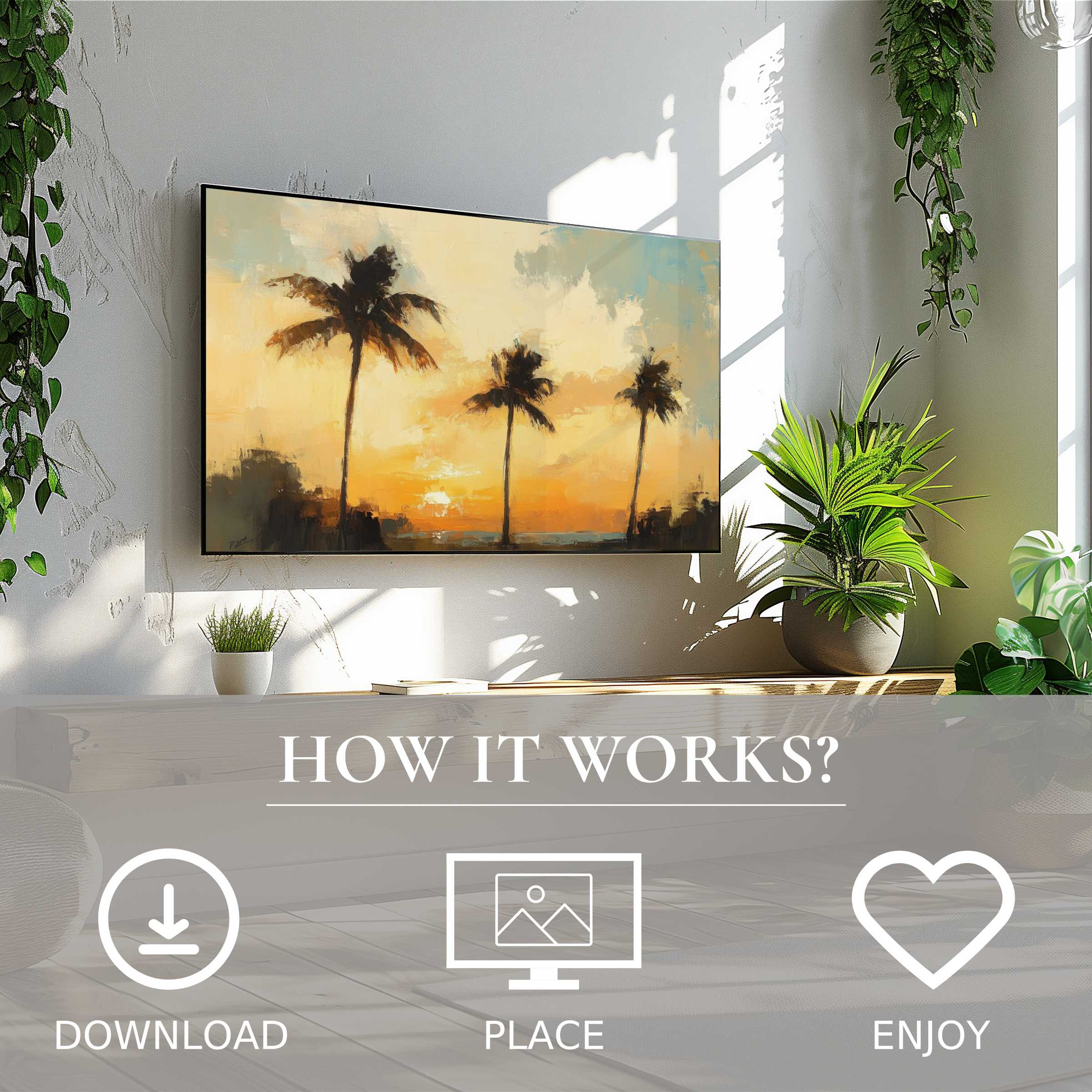 Modern living room with lush plants and beach art for Samsung TV; soft sunset tones enrich your space via easy digital download