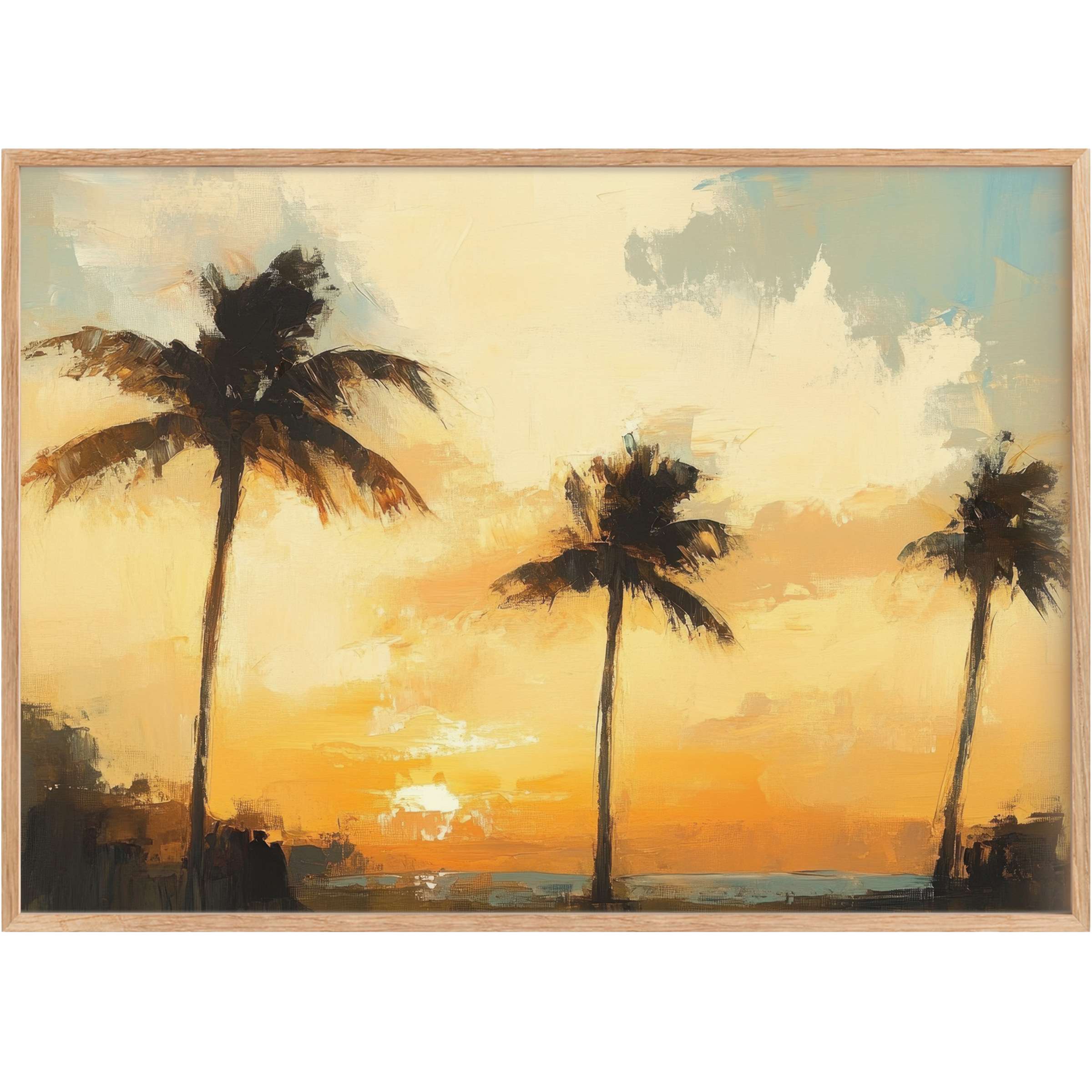 Sunset hues and silhouetted palms elevate any room with serene charm in this beach printable wall art, radiating warm tranquility