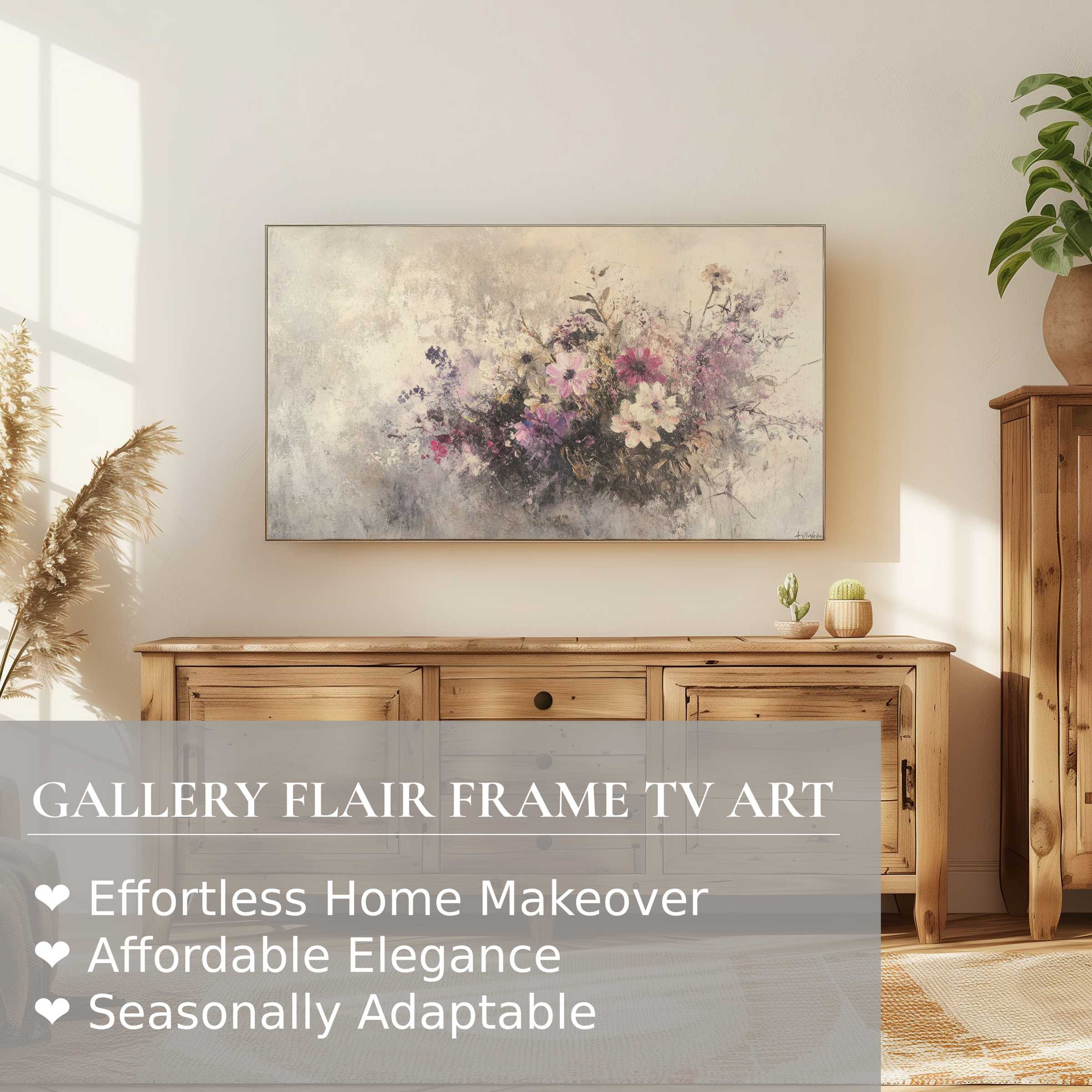 Samsung Frame TV displays elegant botanical digital artwork in a sunlit, modern natural wood interior setting