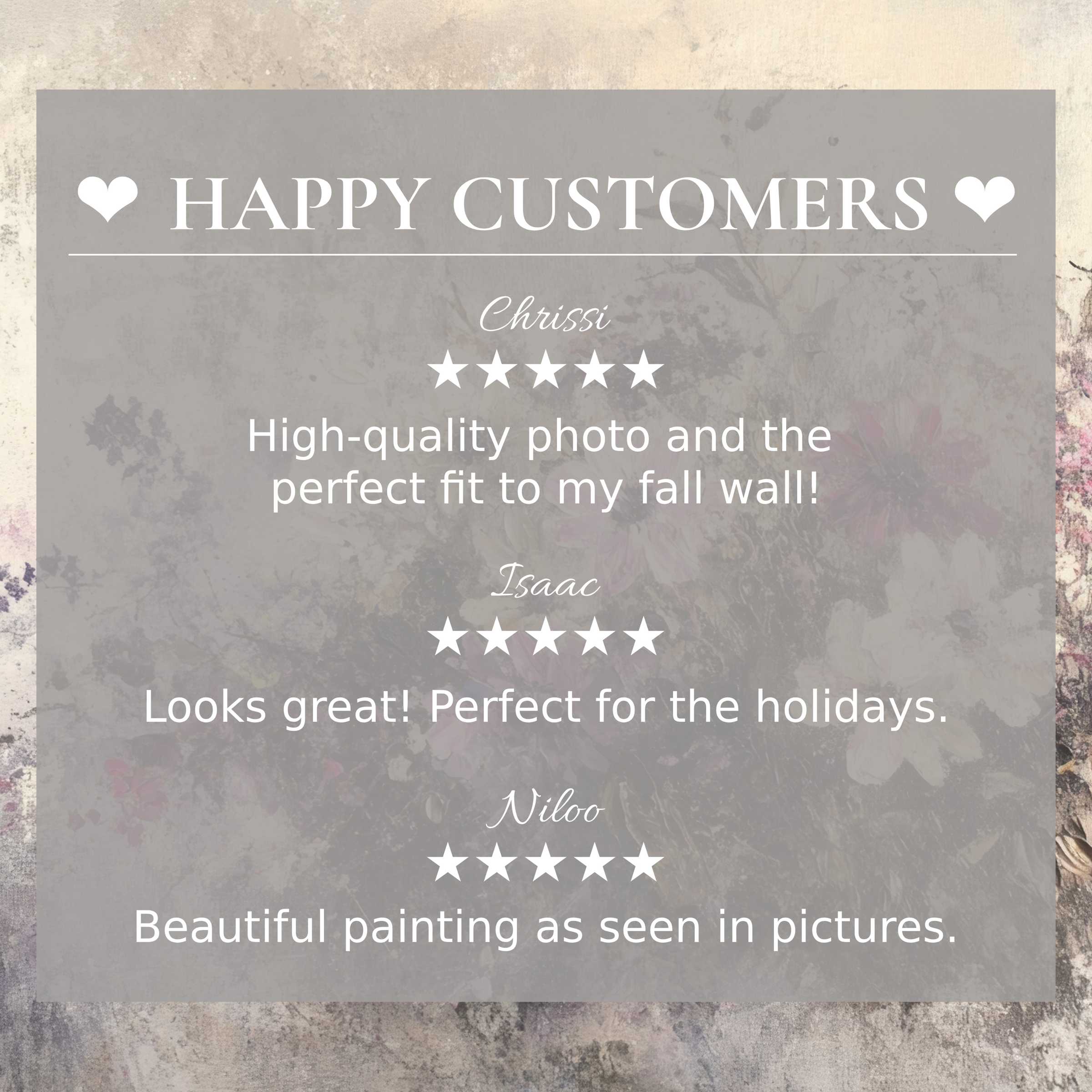Botanical art for Frame TV with abstract floral background; layout builds trust with happy customer reviews