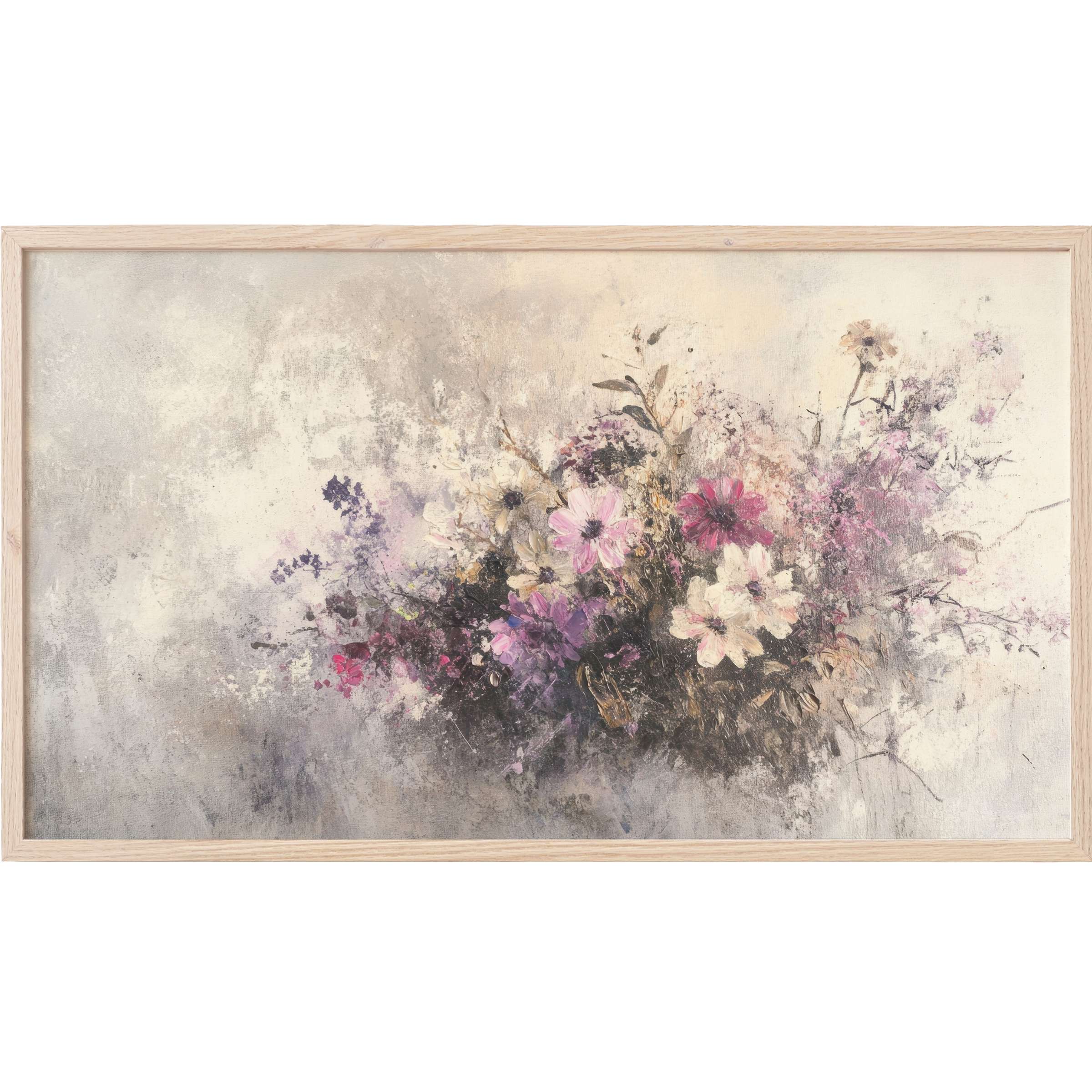 Soft, muted floral bouquet in pastel pinks and purples with textured brushstrokes, botanical Frame TV Art