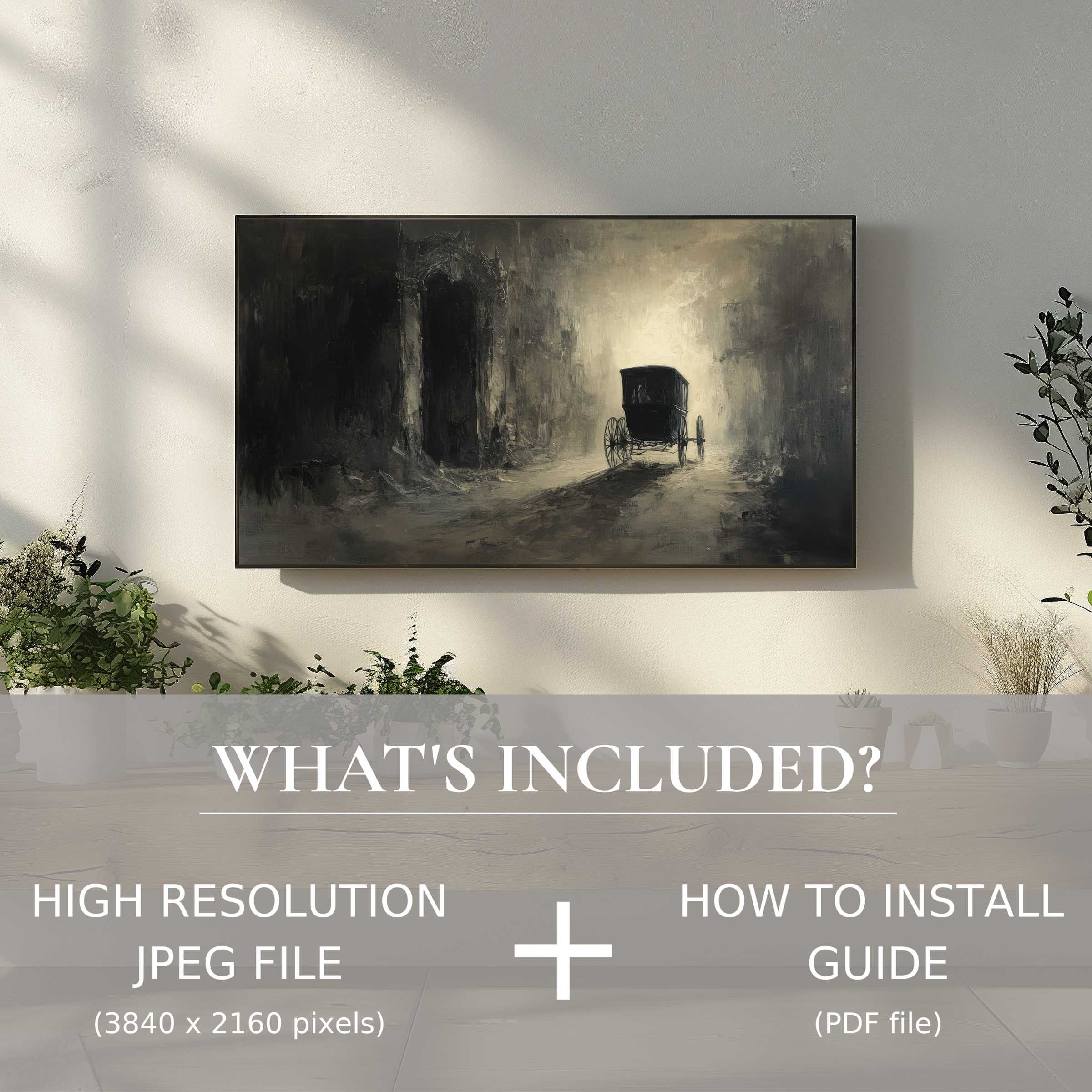 Elegant Halloween digital TV art download of haunting carriage scene, easily enhances stylish living spaces with simple digital use