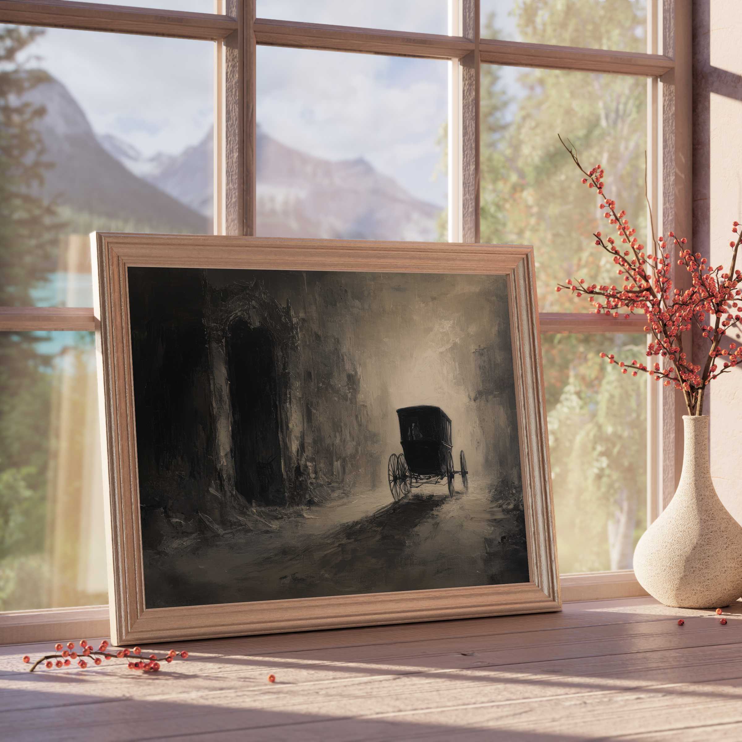 Hauntingly elegant halloween downloadable art capturing a vintage carriage in mist for refined, serene seasonal interiors