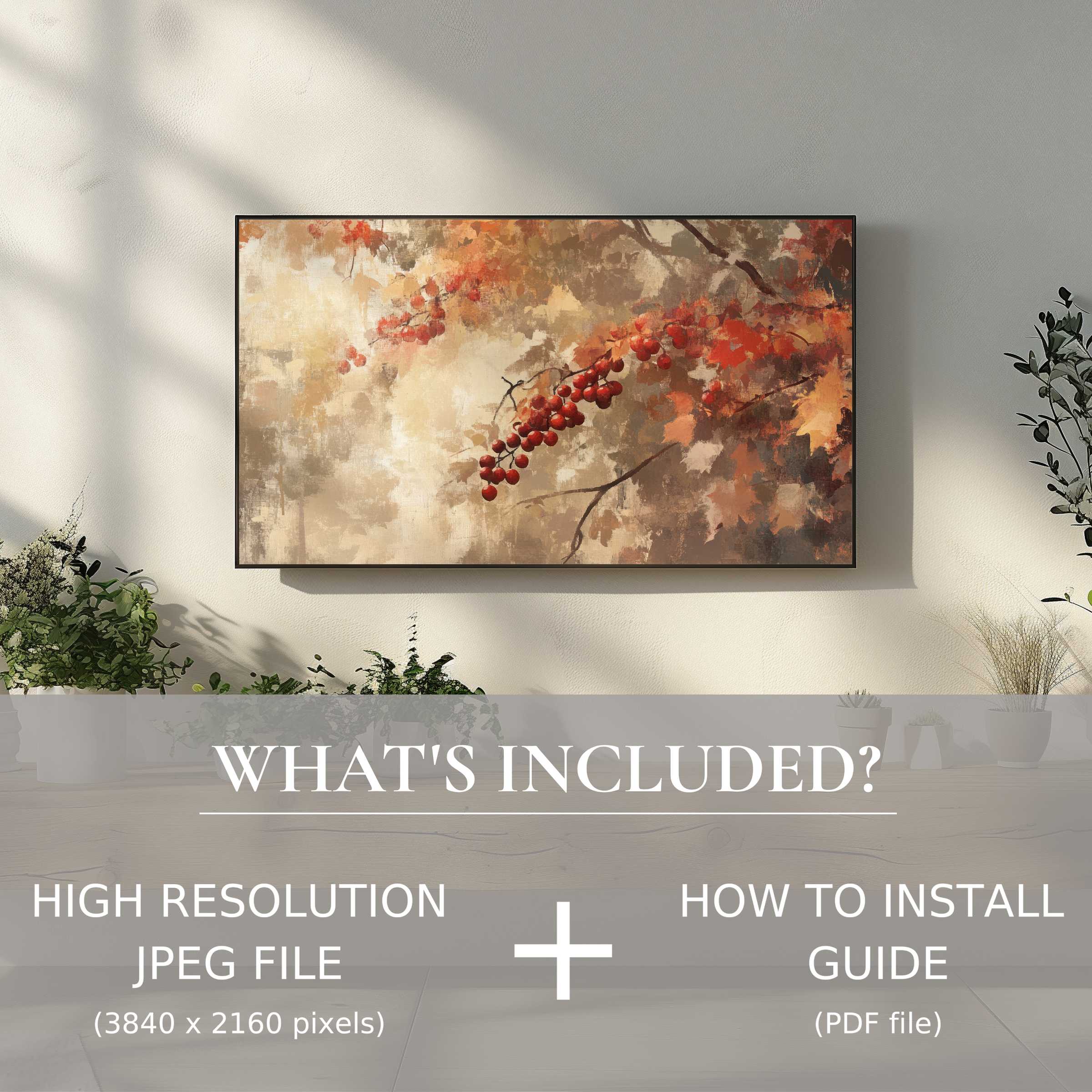 Elegant tree digital TV art download enhances your modern living space with easy digital use and vibrant autumnal hues