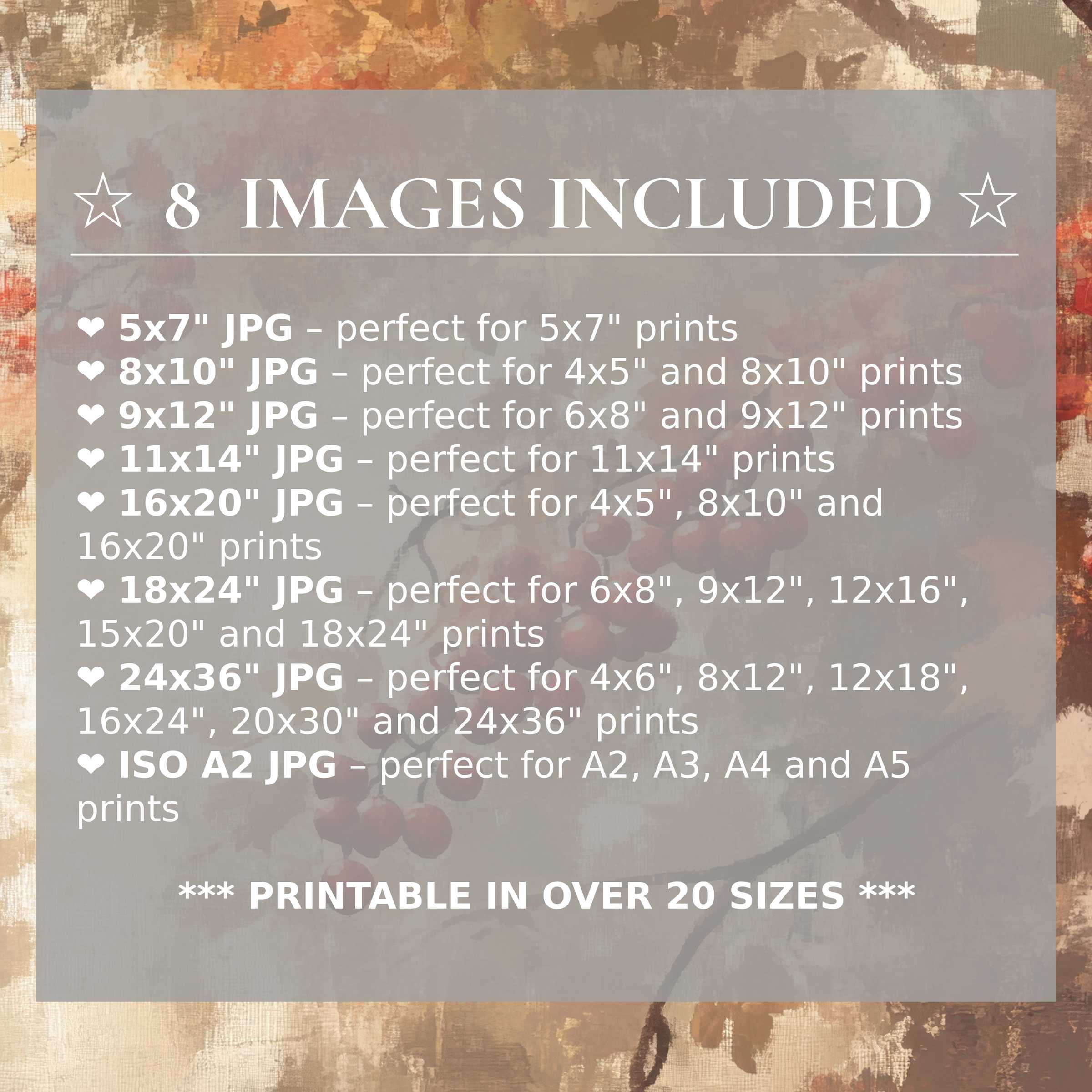 Print size guide showing 8 included JPG formats for versatile wall art printing – perfect for framing in popular sizes from 5x7 to 24x36 and A2