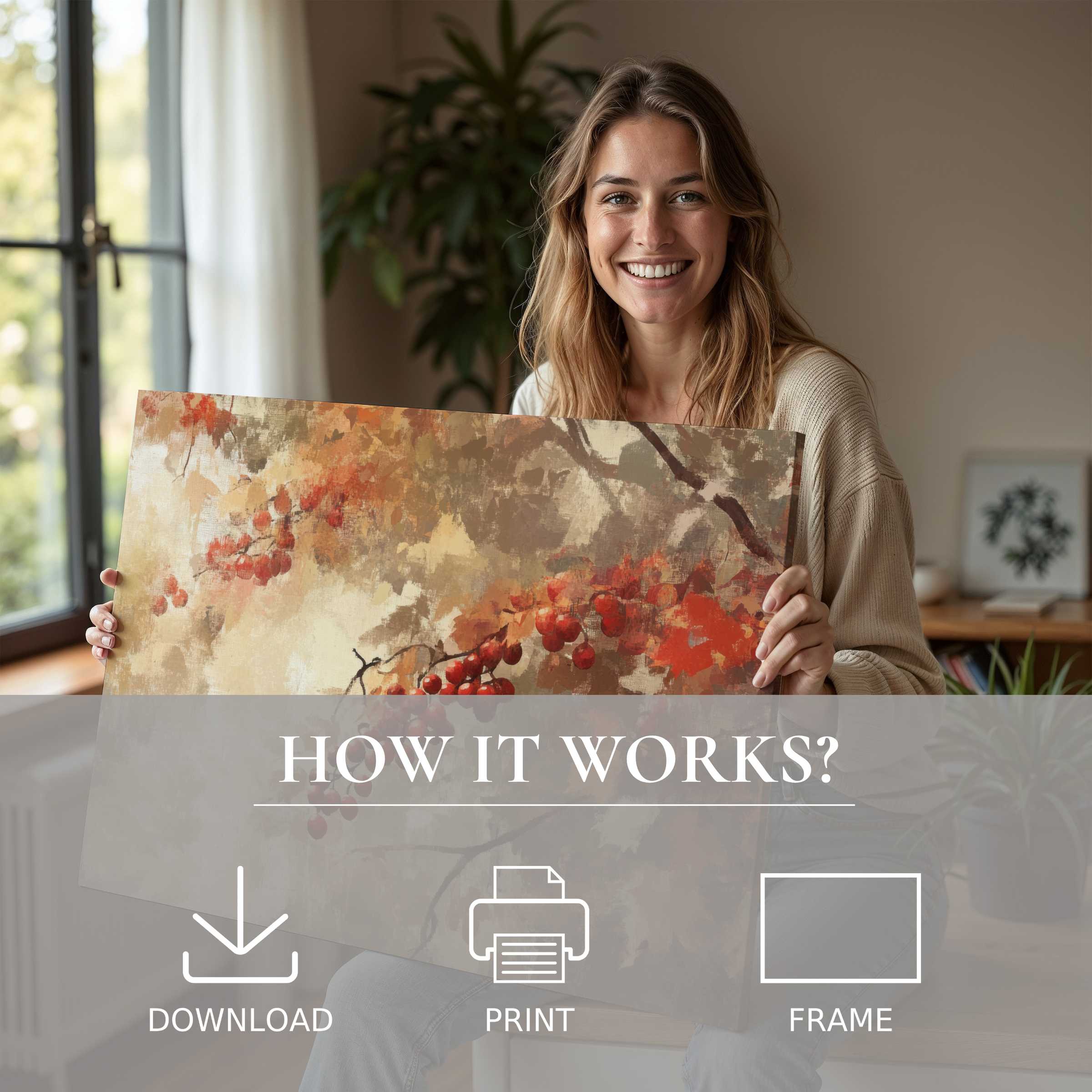 Smiling woman in a modern home holding a warm-toned tree digital art print, embodying joy and effortless elegance with art