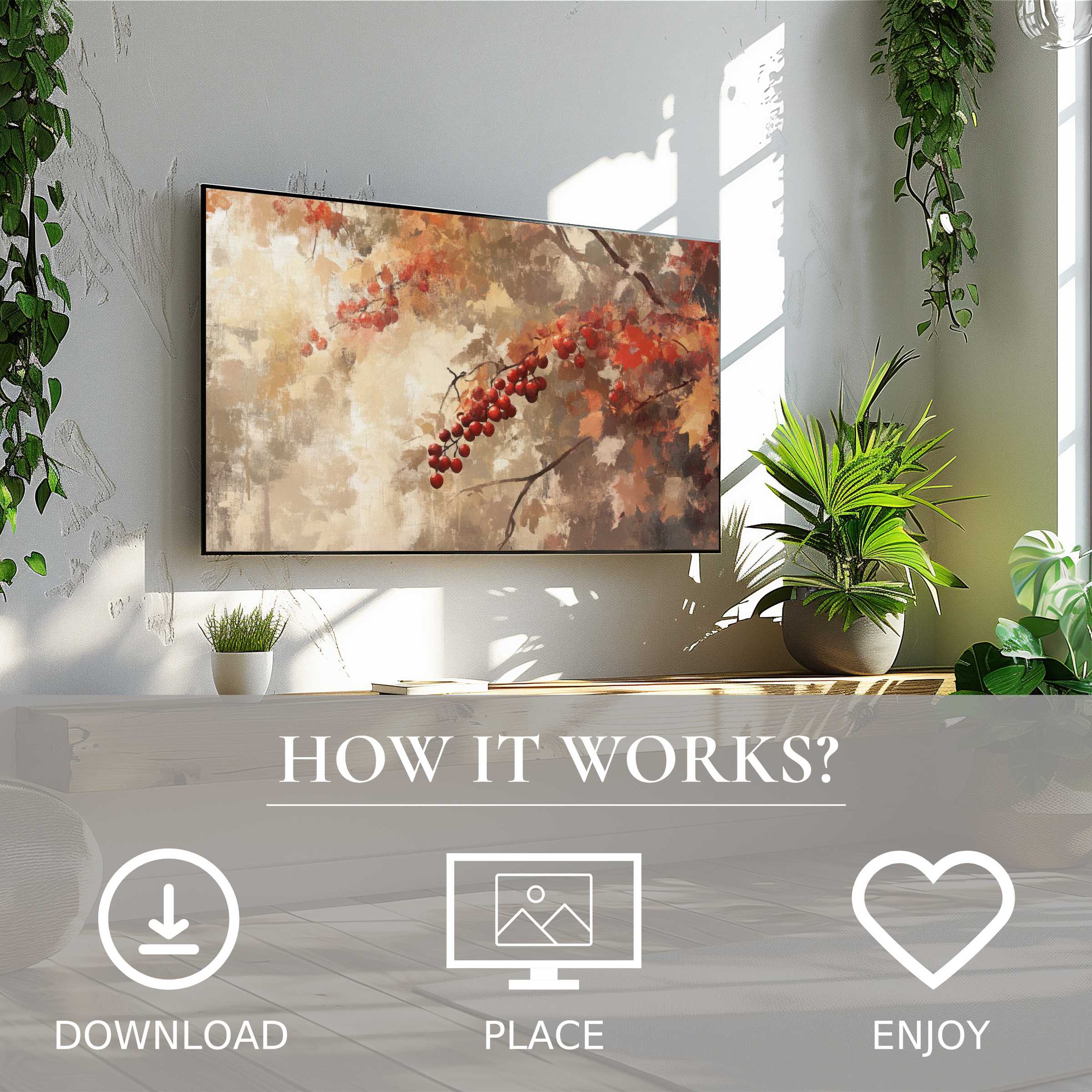 Tree art for Samsung TV shows warm autumn tones with red berries; easy digital download enriches stylish living spaces