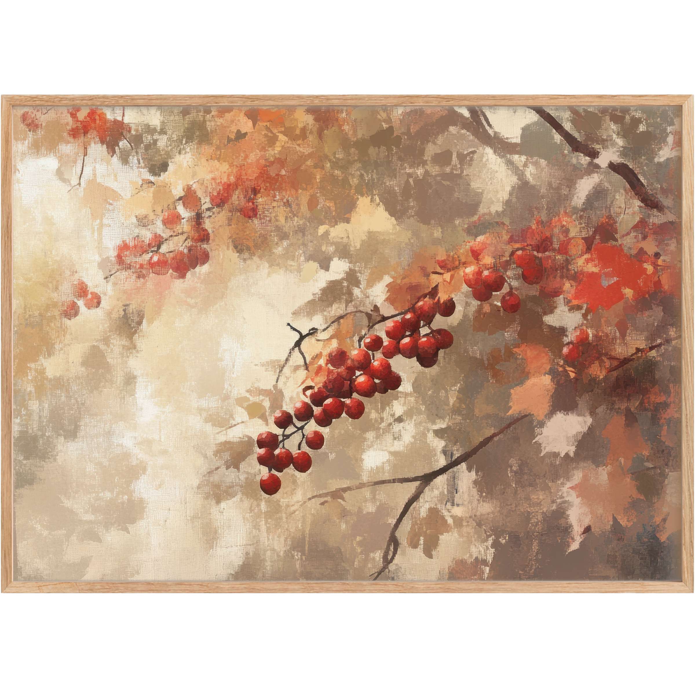 Rustic tree printable wall art featuring rich red berries and warm autumn hues, evoking a serene, inviting ambiance
