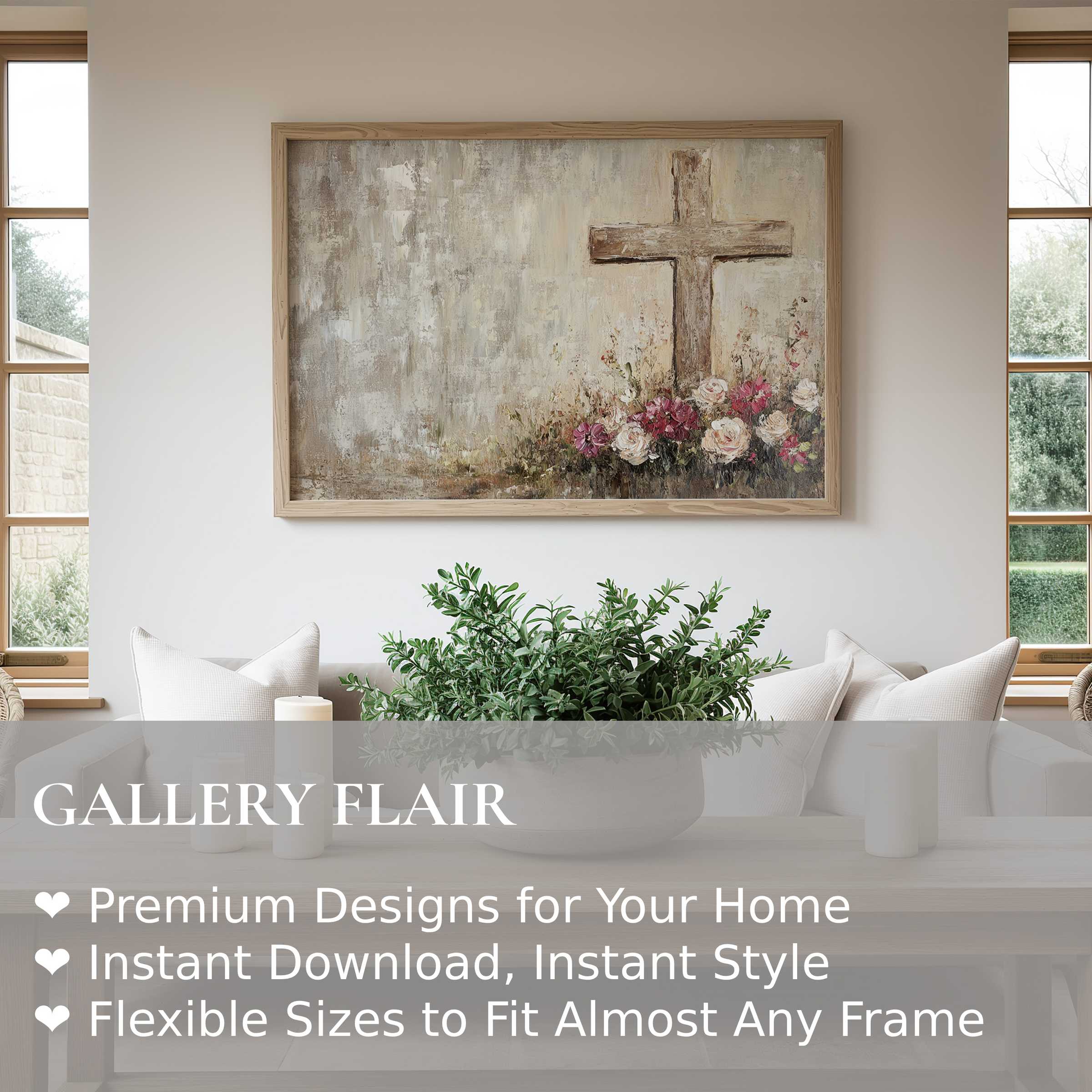 Easter wall art print featuring a serene rustic cross with soft florals, enhancing modern farmhouse spaces with calming, graceful charm