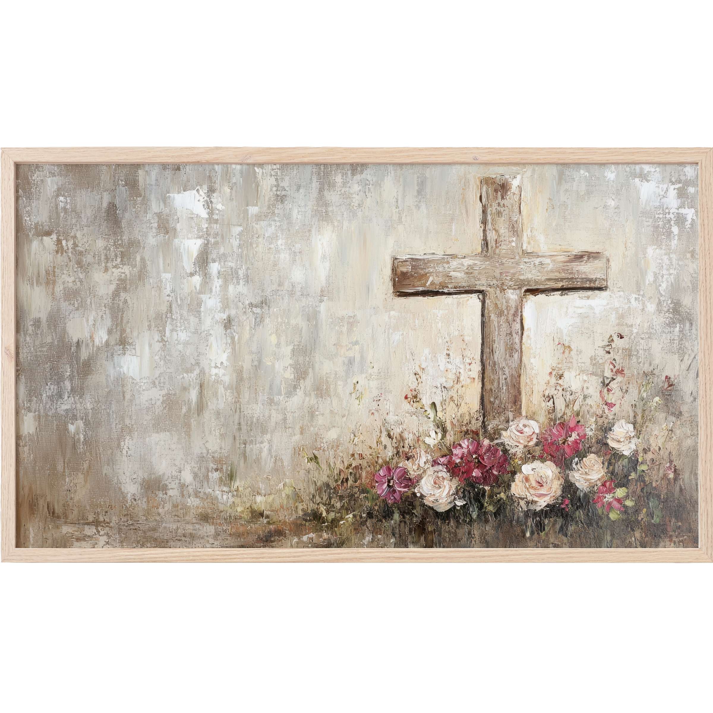 Elegant easter Frame TV Art with muted beige tones, textured cross, and soft pink and white floral accents