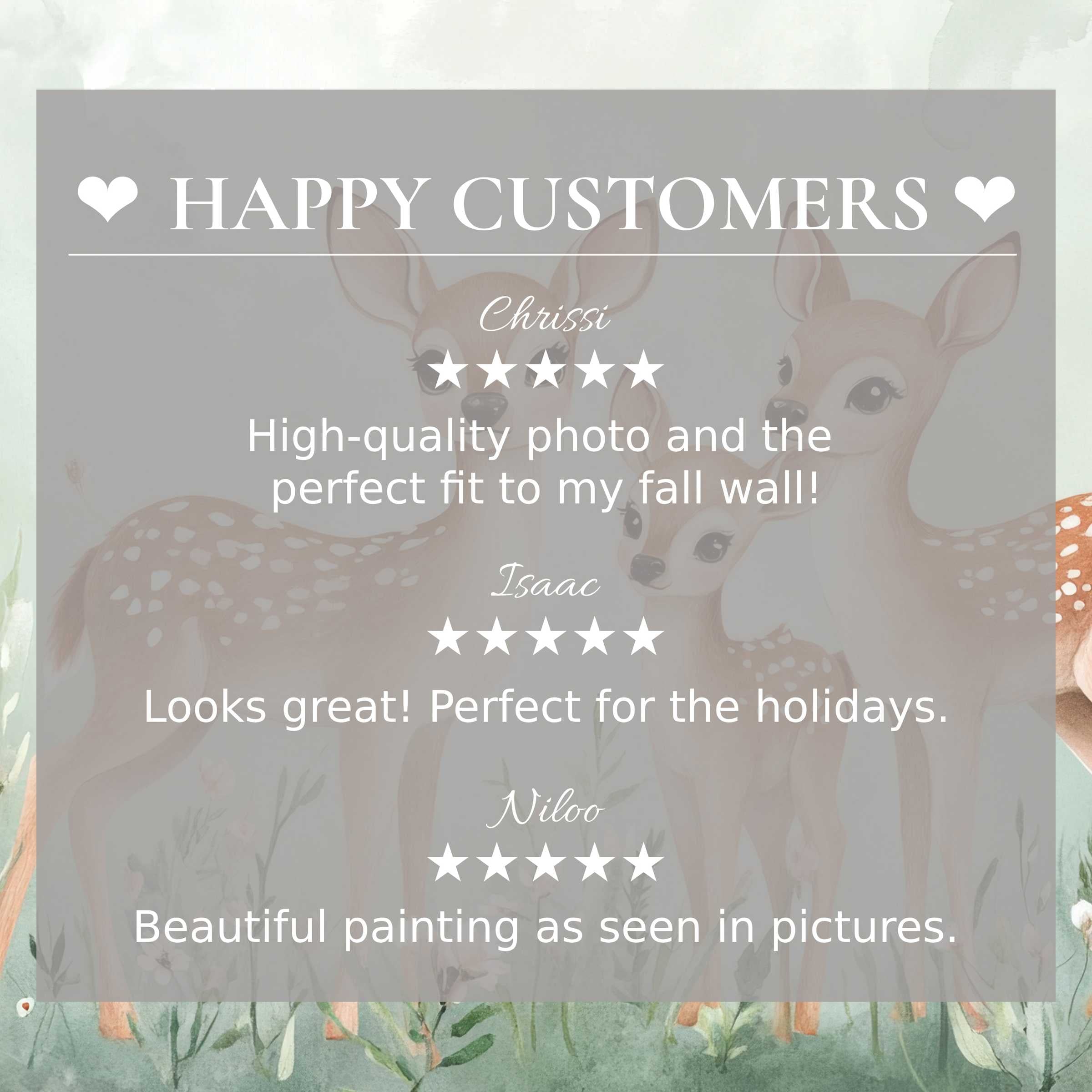 Nursery art for Frame TV with soft pastel deer on floral backdrop; happy customer reviews build trust and elegance
