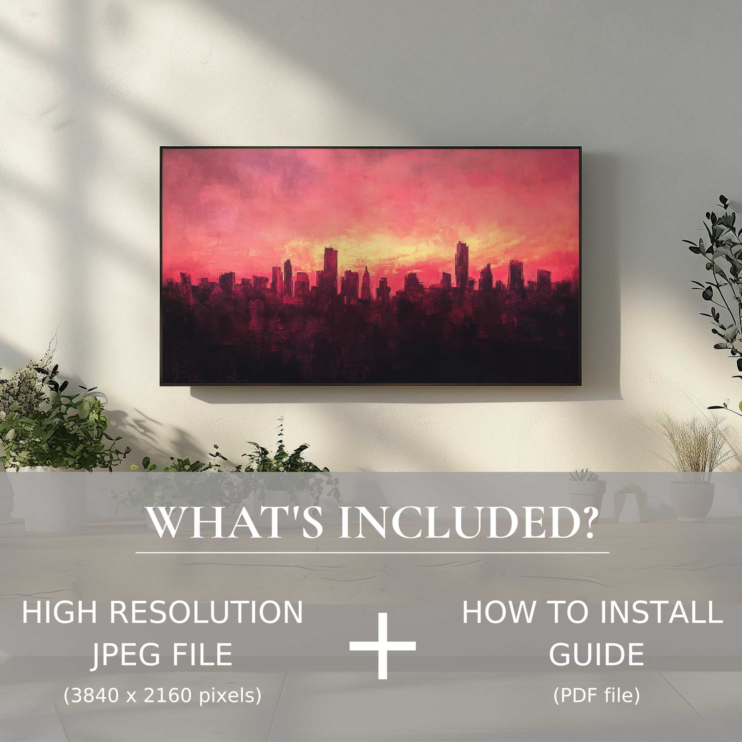 Urban digital TV art download with vivid sunset skyline enhances living spaces with effortless digital use and elegance