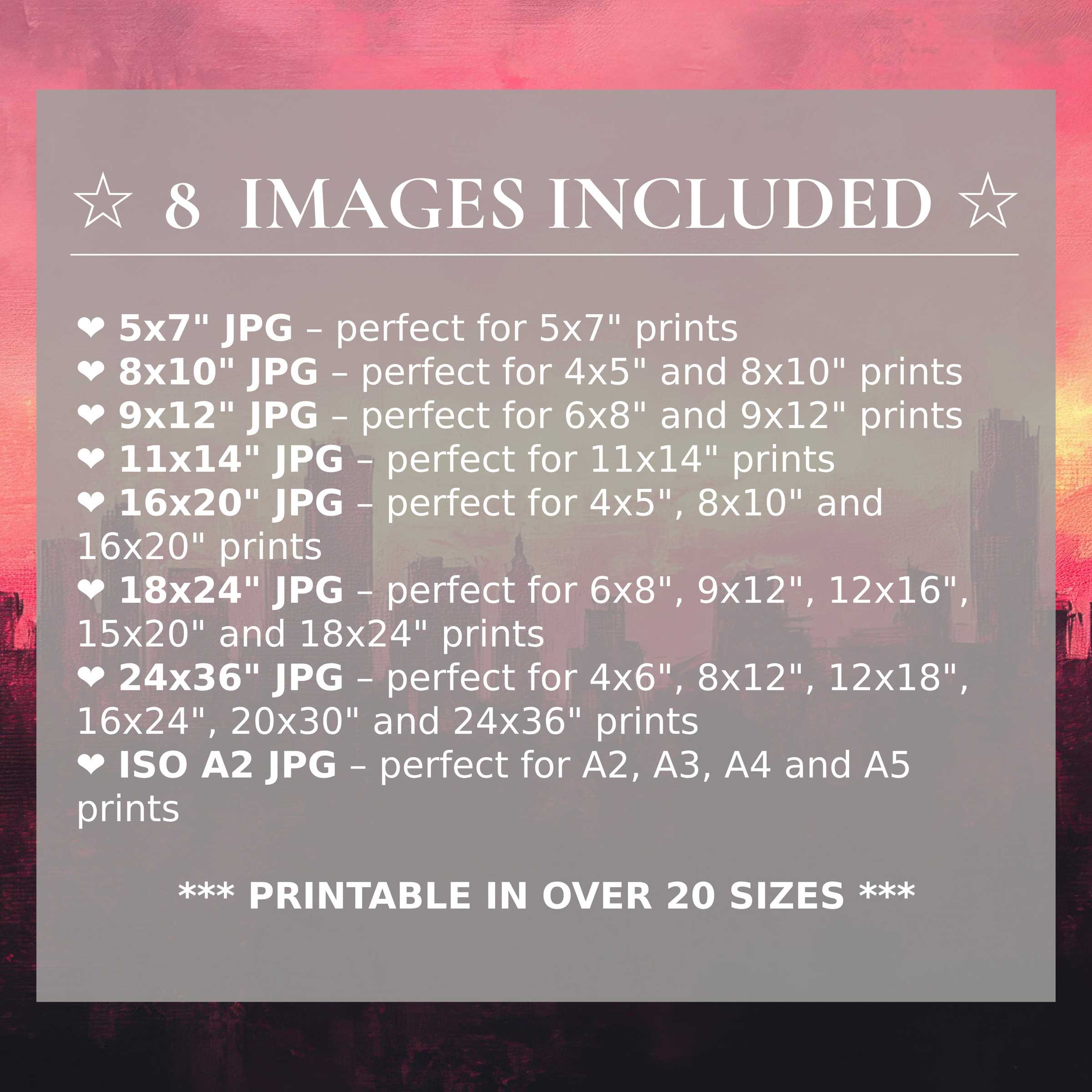 Radiant urban digital print in warm pink and deep sunset hues, available in 8 high-quality sizes to elevate modern interiors