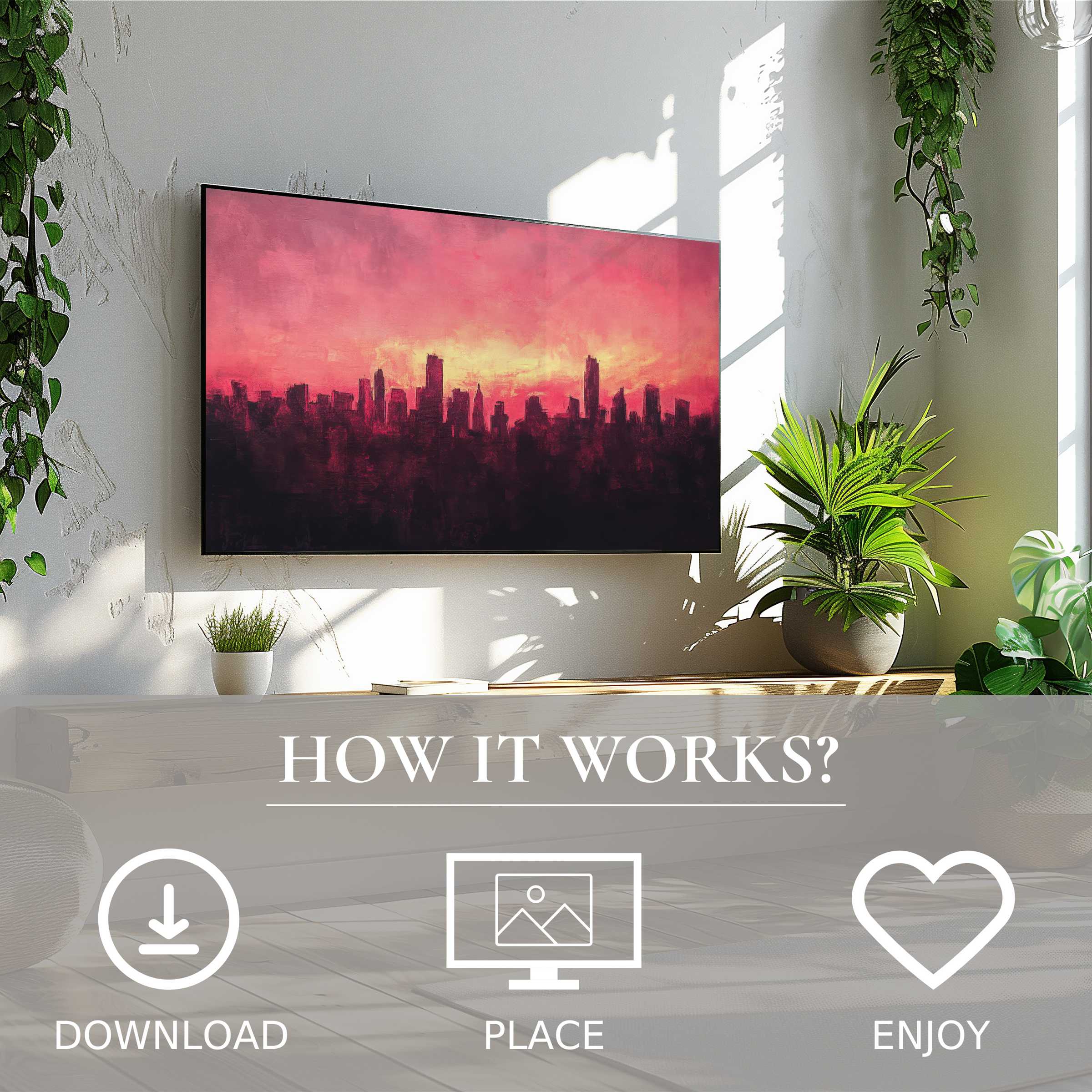 Urban art for Samsung TV showing a fiery sunset cityscape, easy digital download enriches modern living spaces