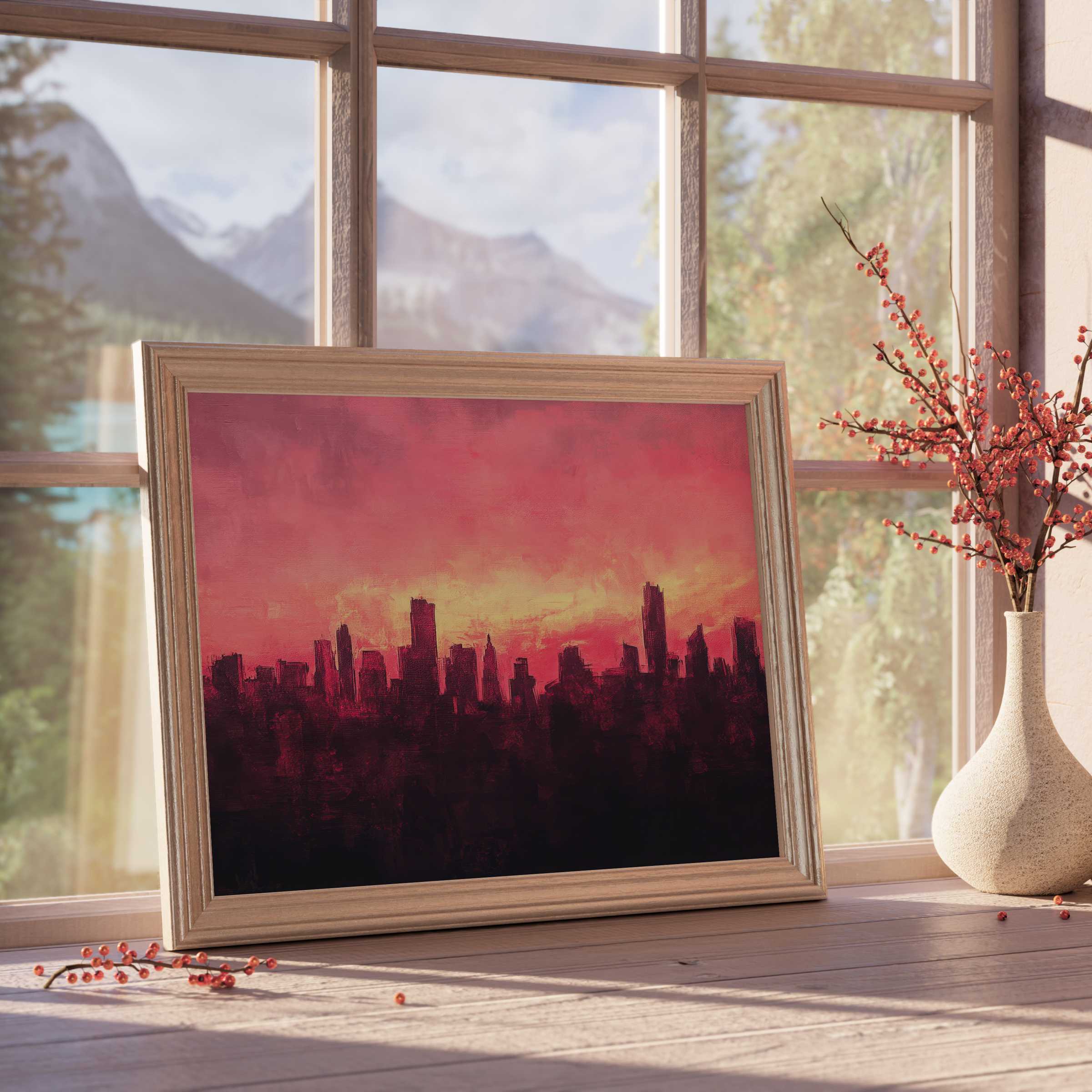 Urban downloadable art capturing a vibrant sunset skyline, infusing curated interiors with warm, serene energy and modern elegance