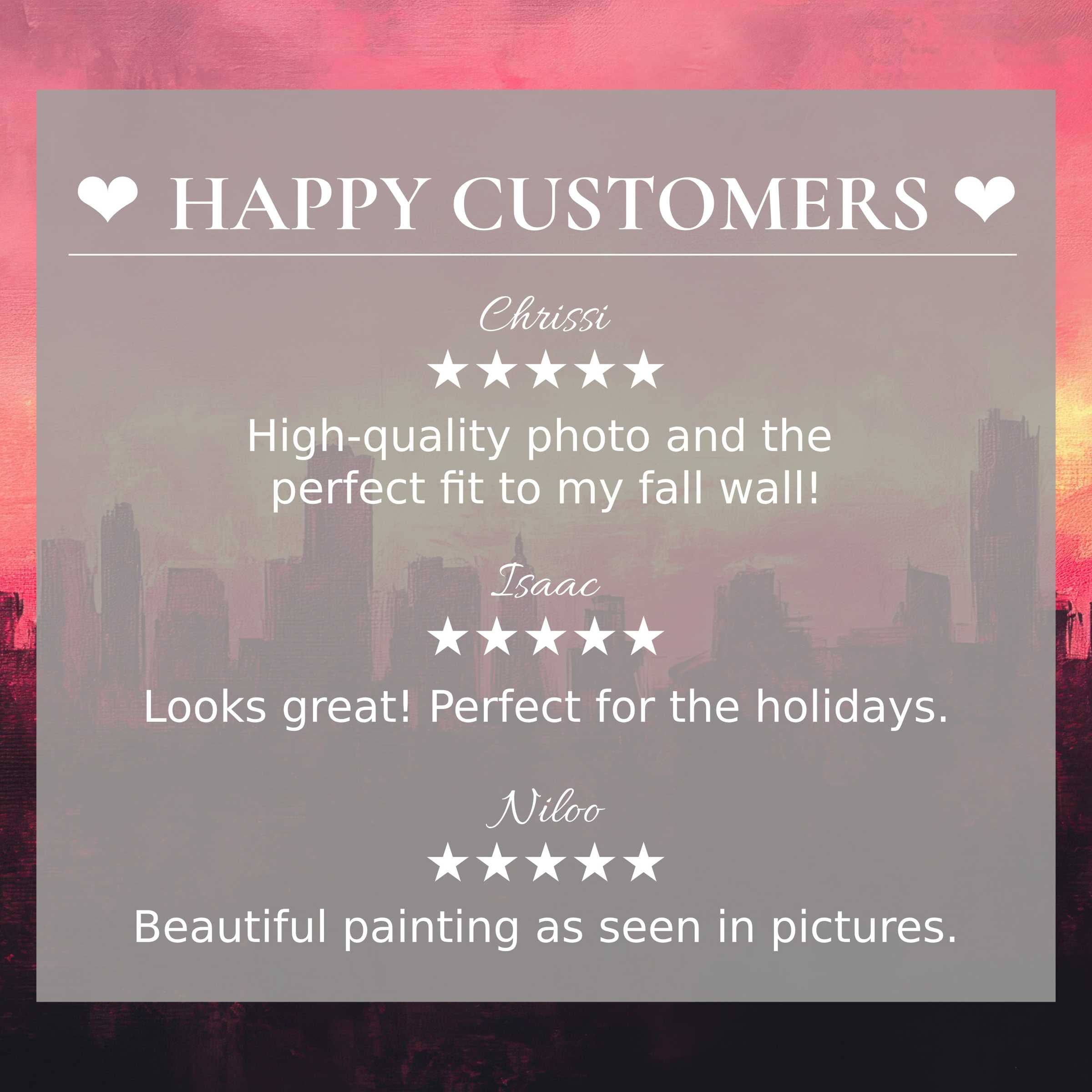 Urban art for Frame TV with abstract sunset skyline, showcasing happy customer reviews and elegant, trustworthy design