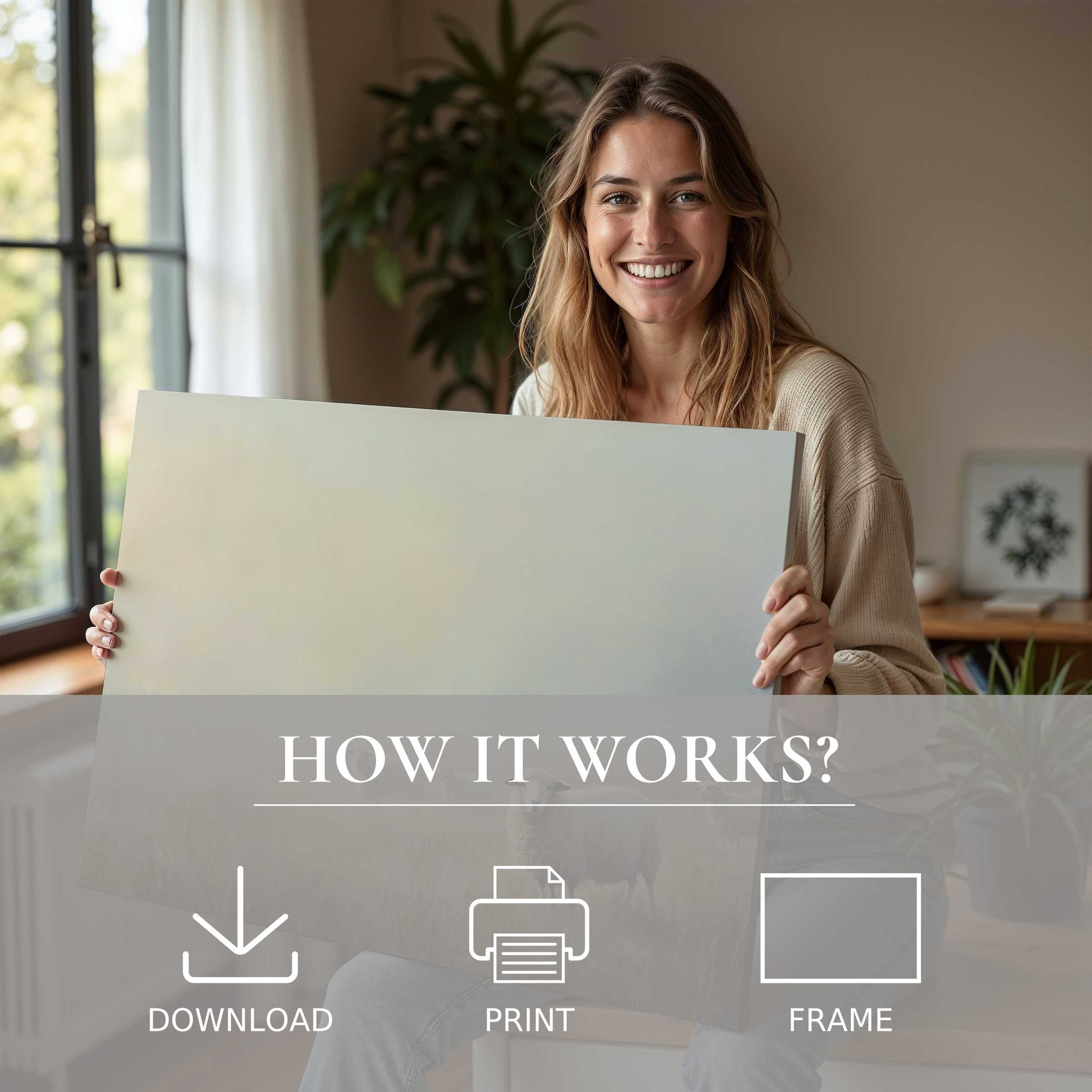 A serene moment in a stylish home capturing the joy of embracing farmhouse digital art print for effortless, soulful decor
