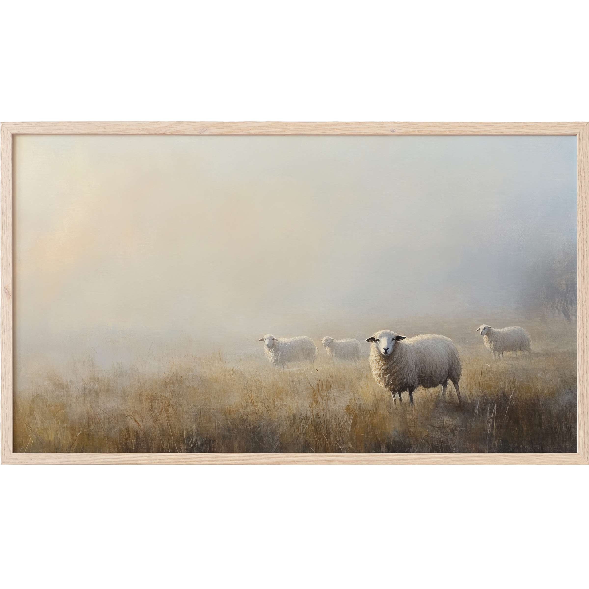 Farmhouse Frame TV Art depicting soft-hued sheep in misty fields, blending serene neutrals with subtle textures