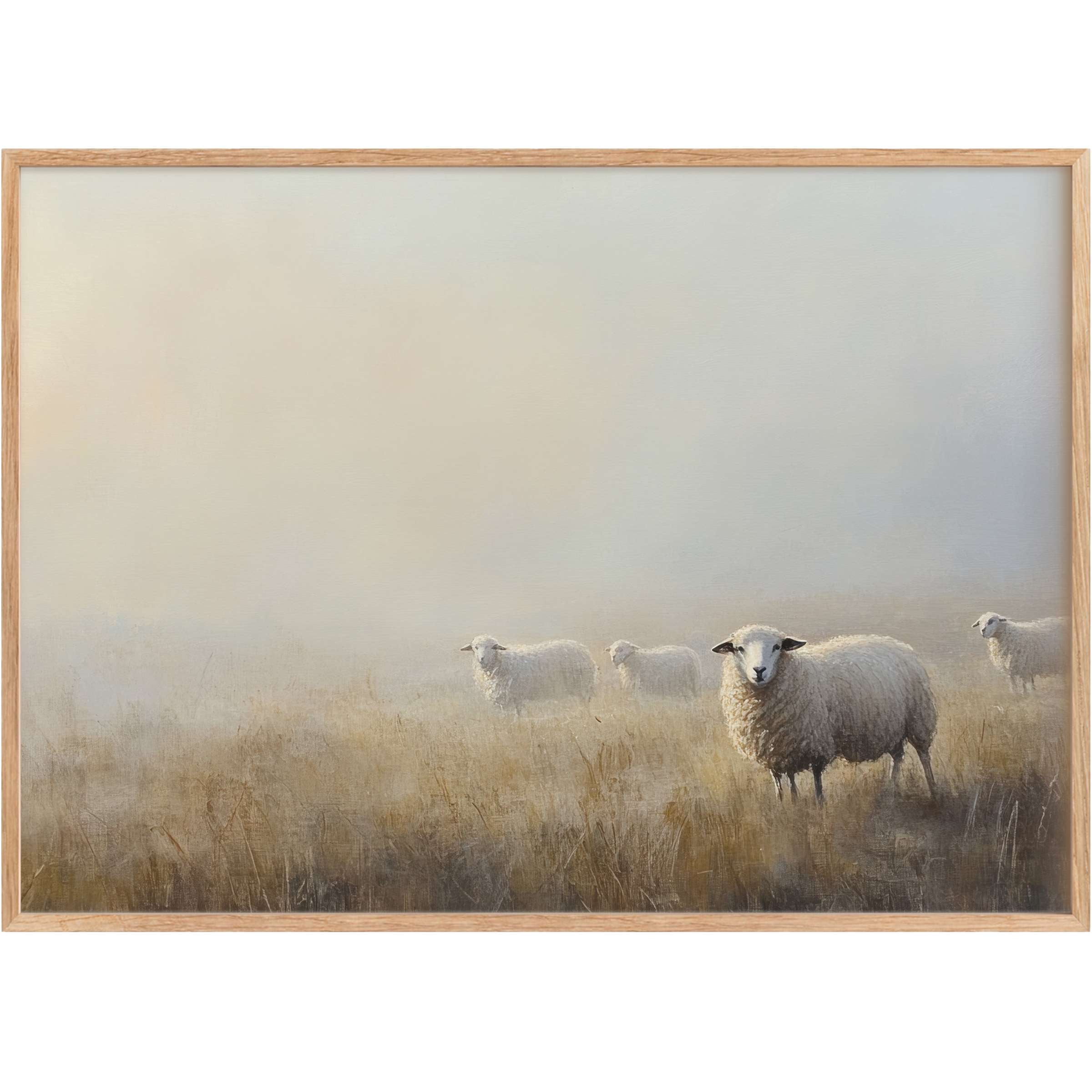 Serene farmhouse printable wall art capturing soft misty mornings in muted earth tones, evoking calm and rustic elegance