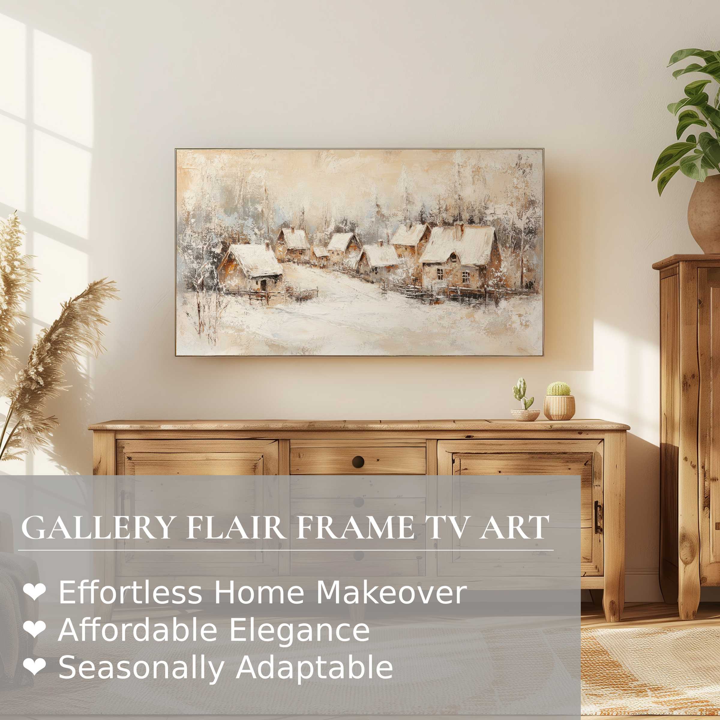 Samsung Frame TV displaying vintage digital artwork of a snowy village in a warm, elegant living room setting