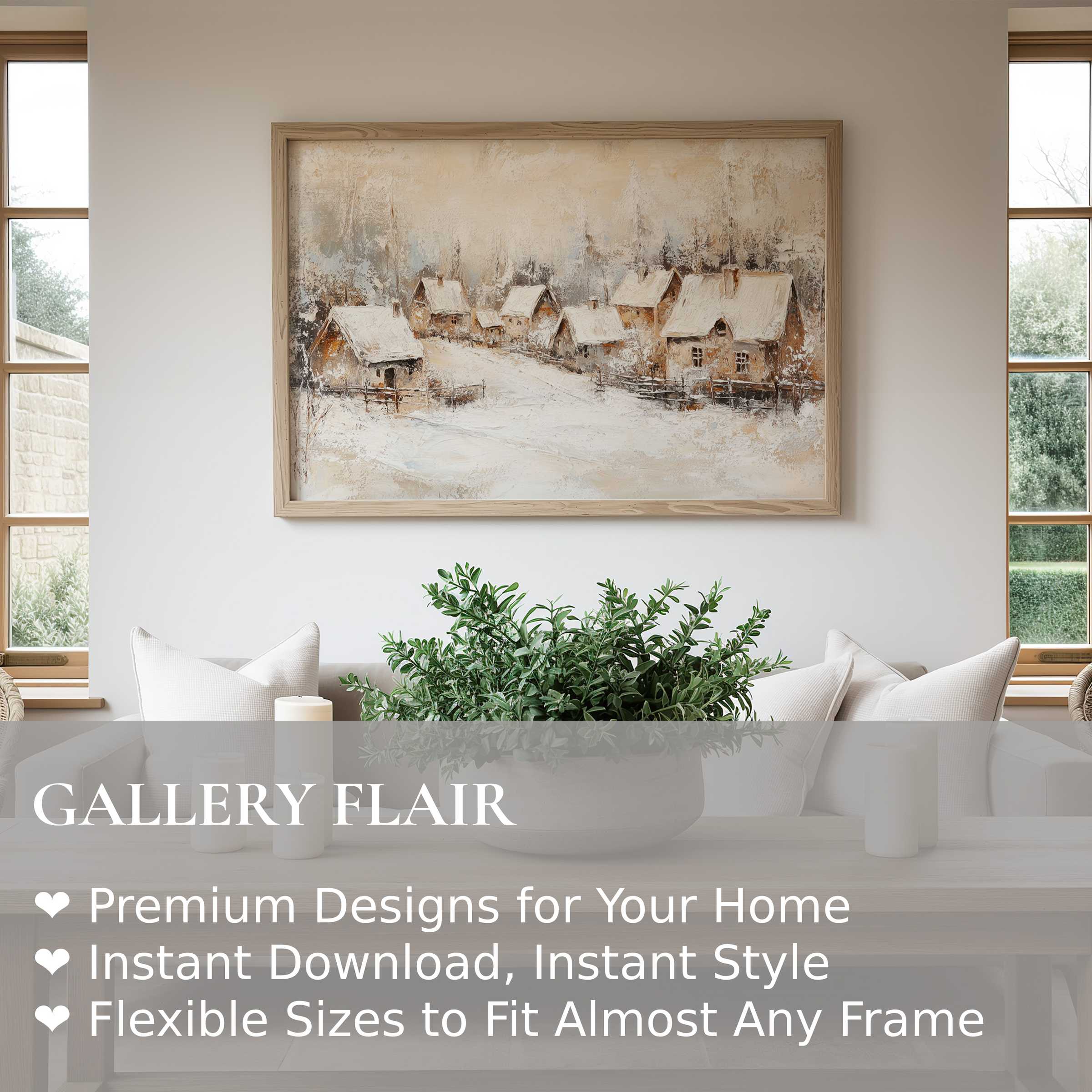 Vintage wall art print of a serene winter village scene with soft, muted tones elevates the modern farmhouse living space with timeless charm and cozy elegance
