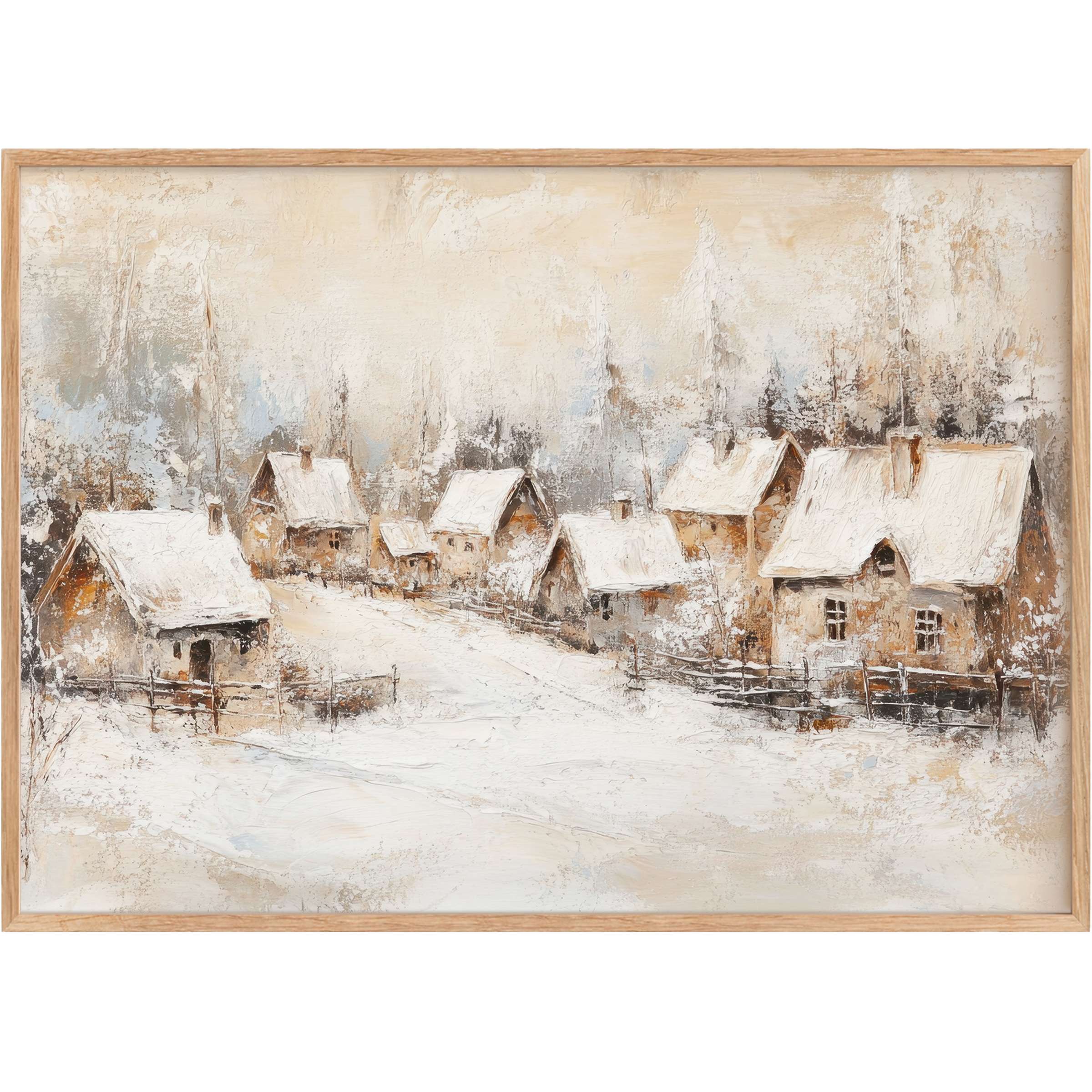 Rustic charm meets serenity in this vintage printable wall art, with muted whites and soft browns evoking a peaceful winter village ambiance