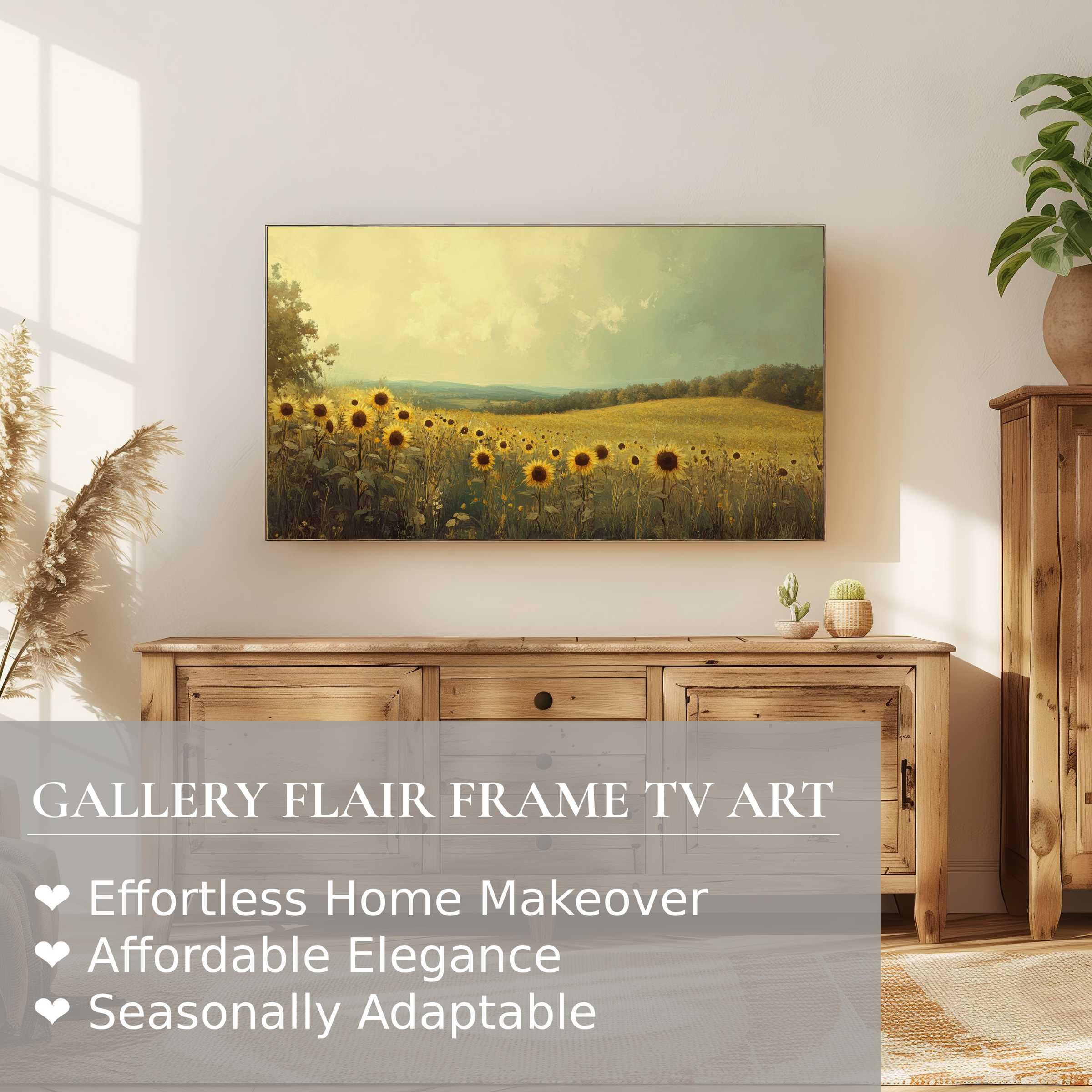 Samsung Frame TV displaying serene summer digital artwork of sunflowers in a warm, modern living space