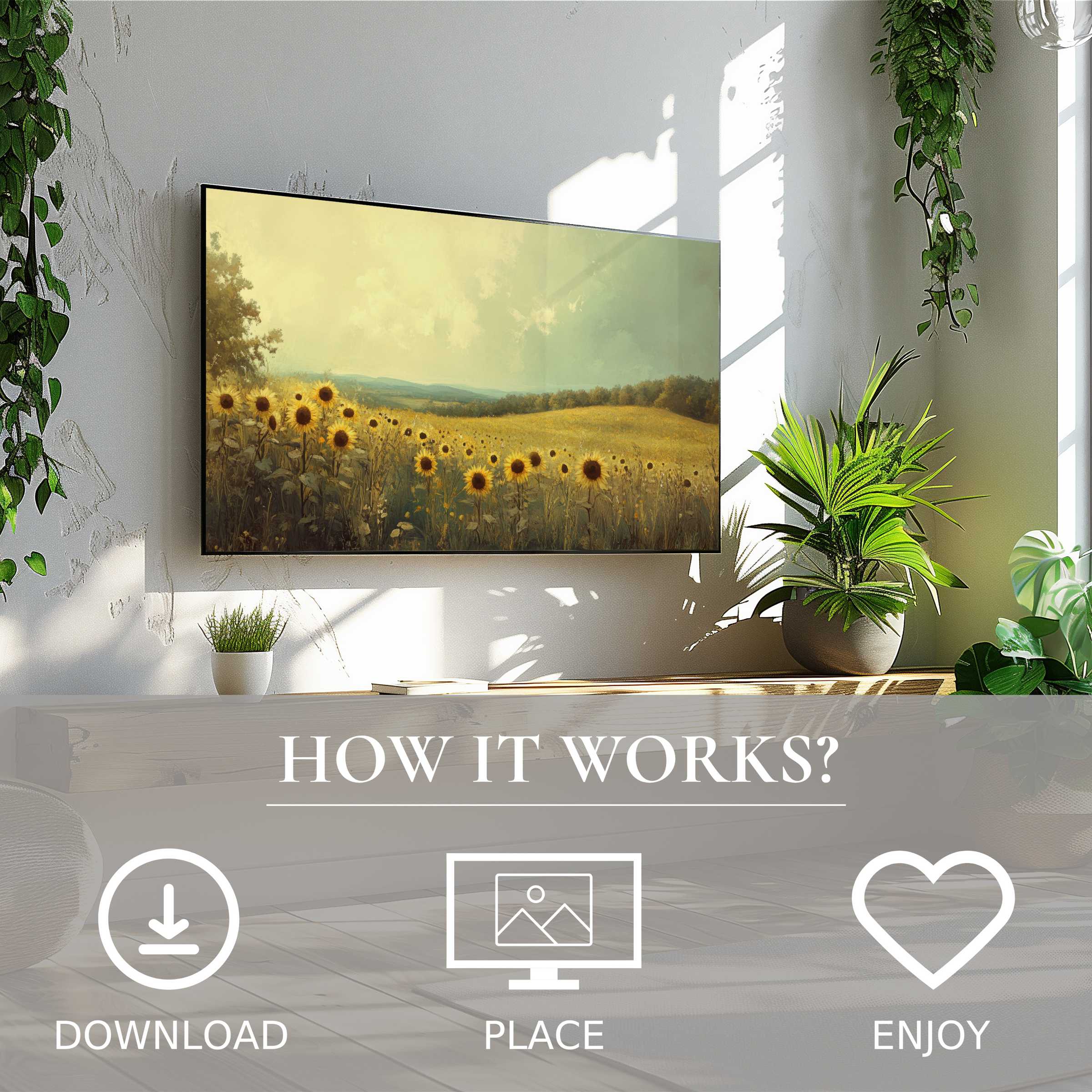 Summer art for Samsung TV shows warm sunflower field motif, easily downloaded to enrich bright, modern living spaces with digital ease