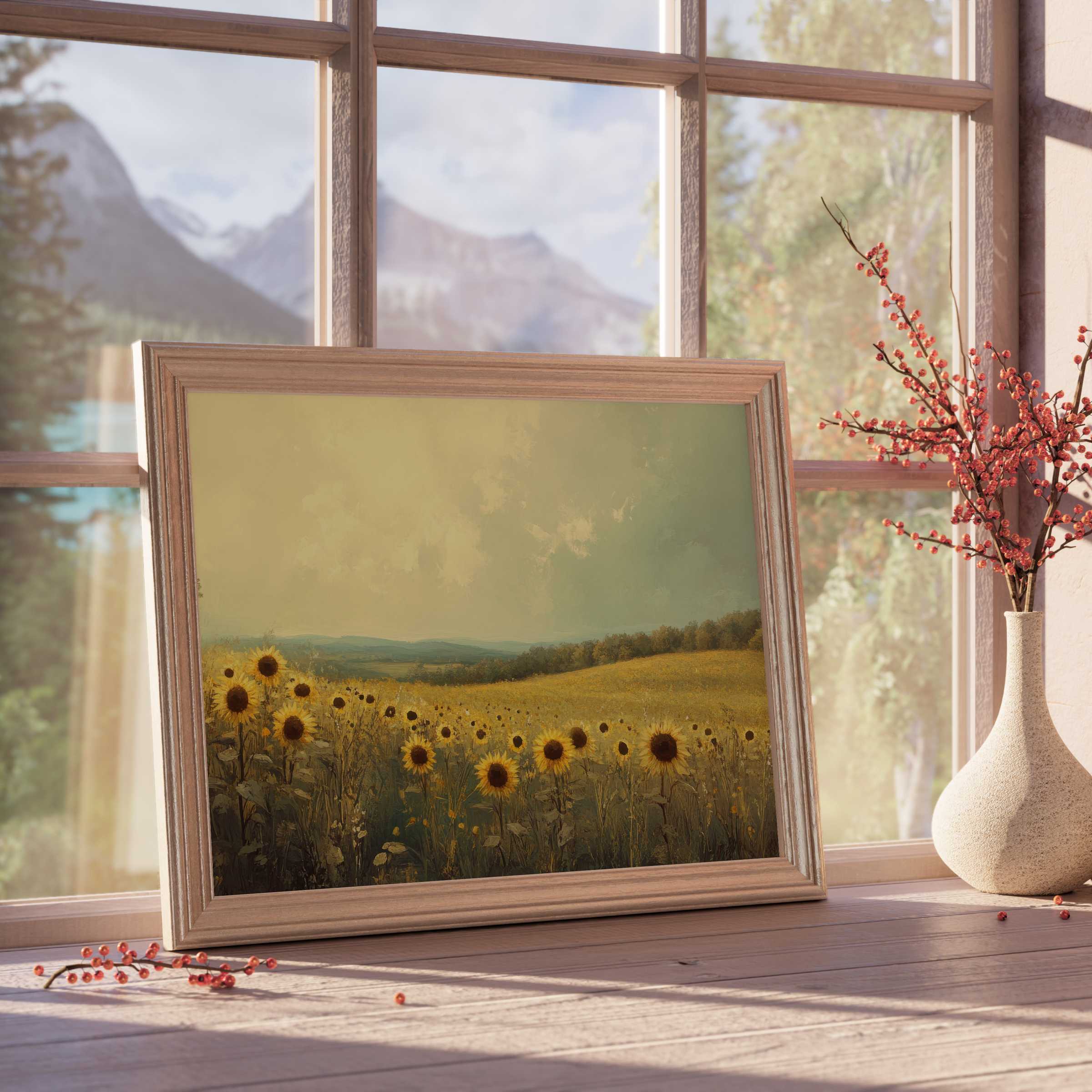 Sun-drenched sunflower field in subtle hues, a summer downloadable art piece that enriches serene, design-forward living spaces
