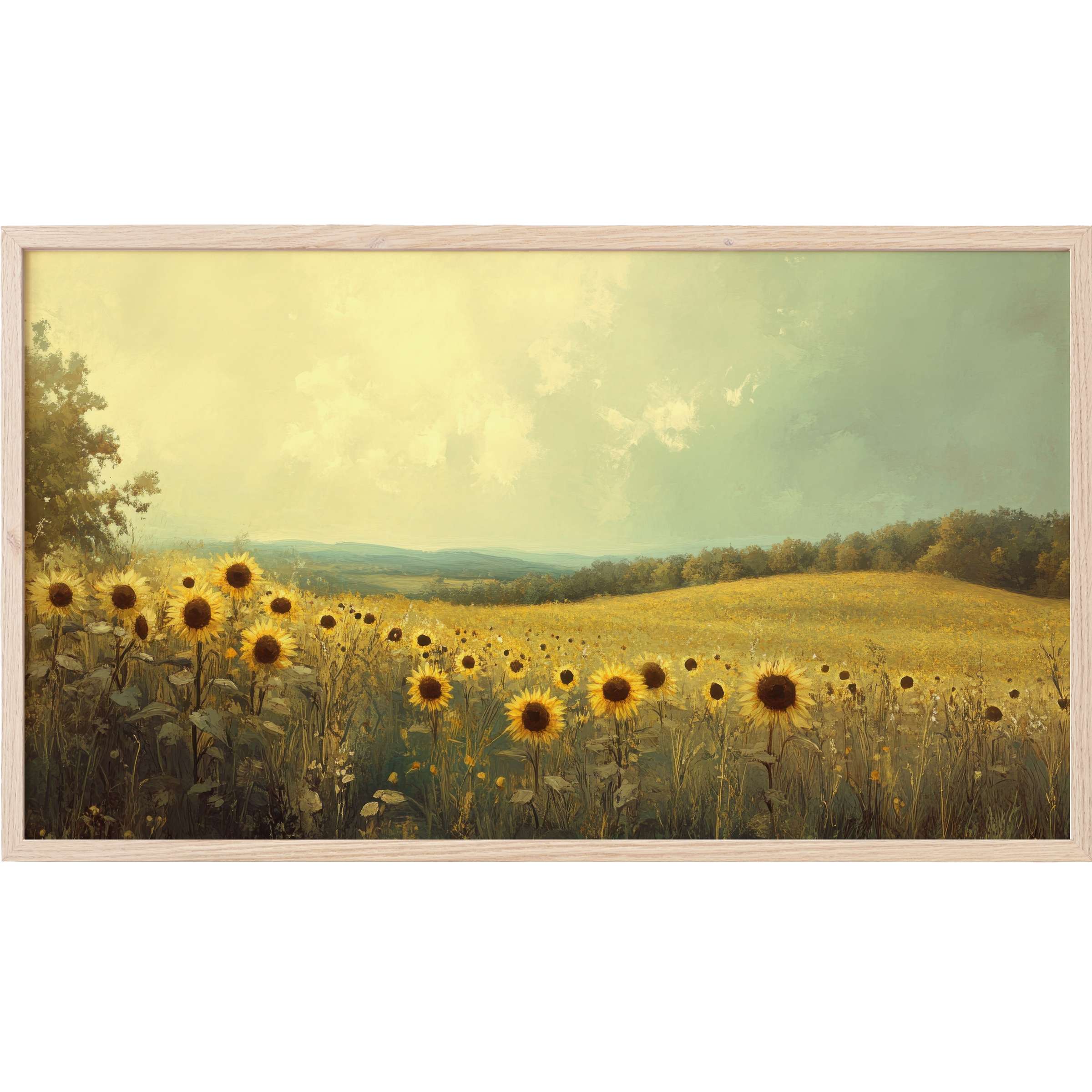 Summer Frame TV Art featuring a serene sunflower field under soft yellow-green skies in a delicate painterly style