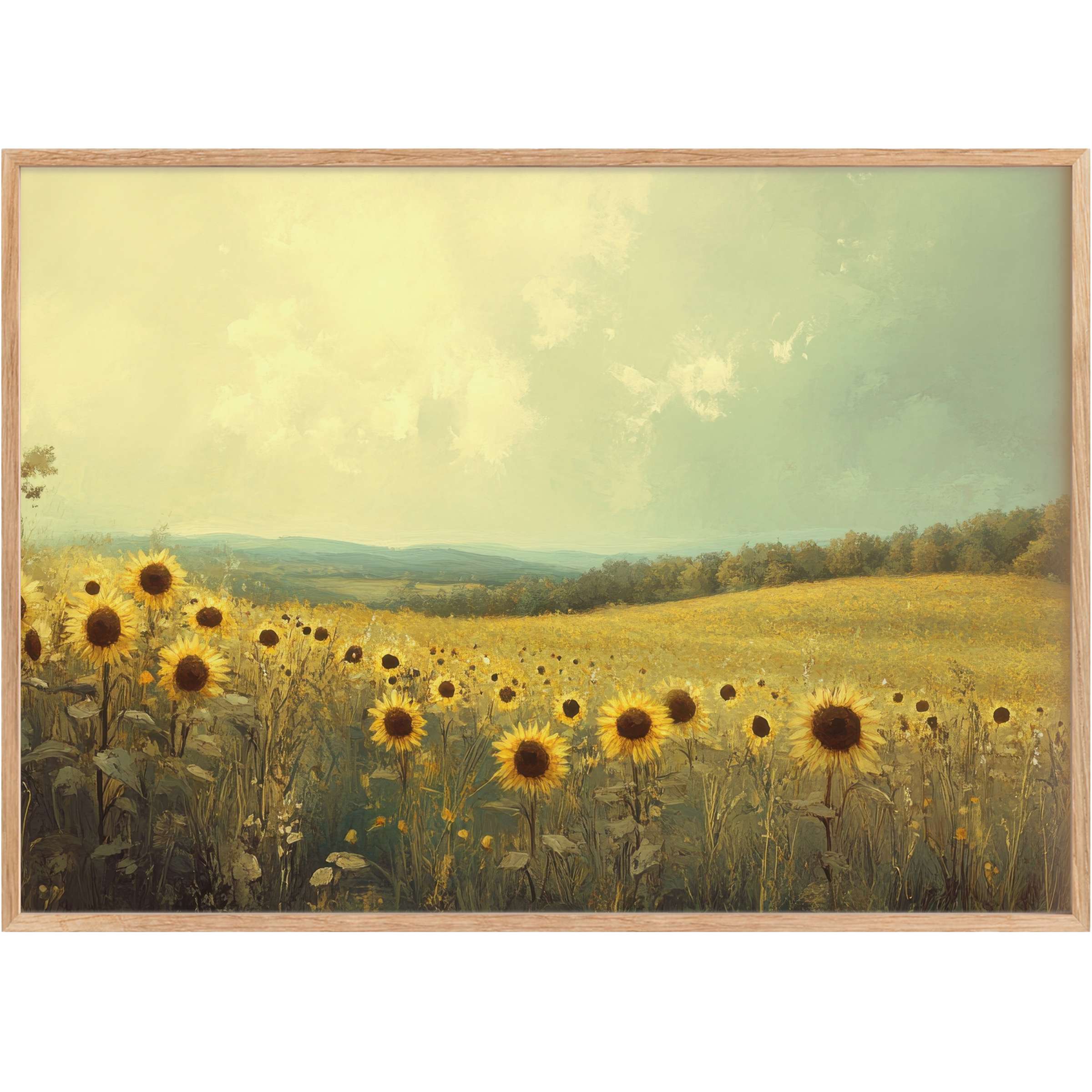 Radiant summer printable wall art capturing golden sunflowers under a soft pastel sky, evoking warmth and serene elegance