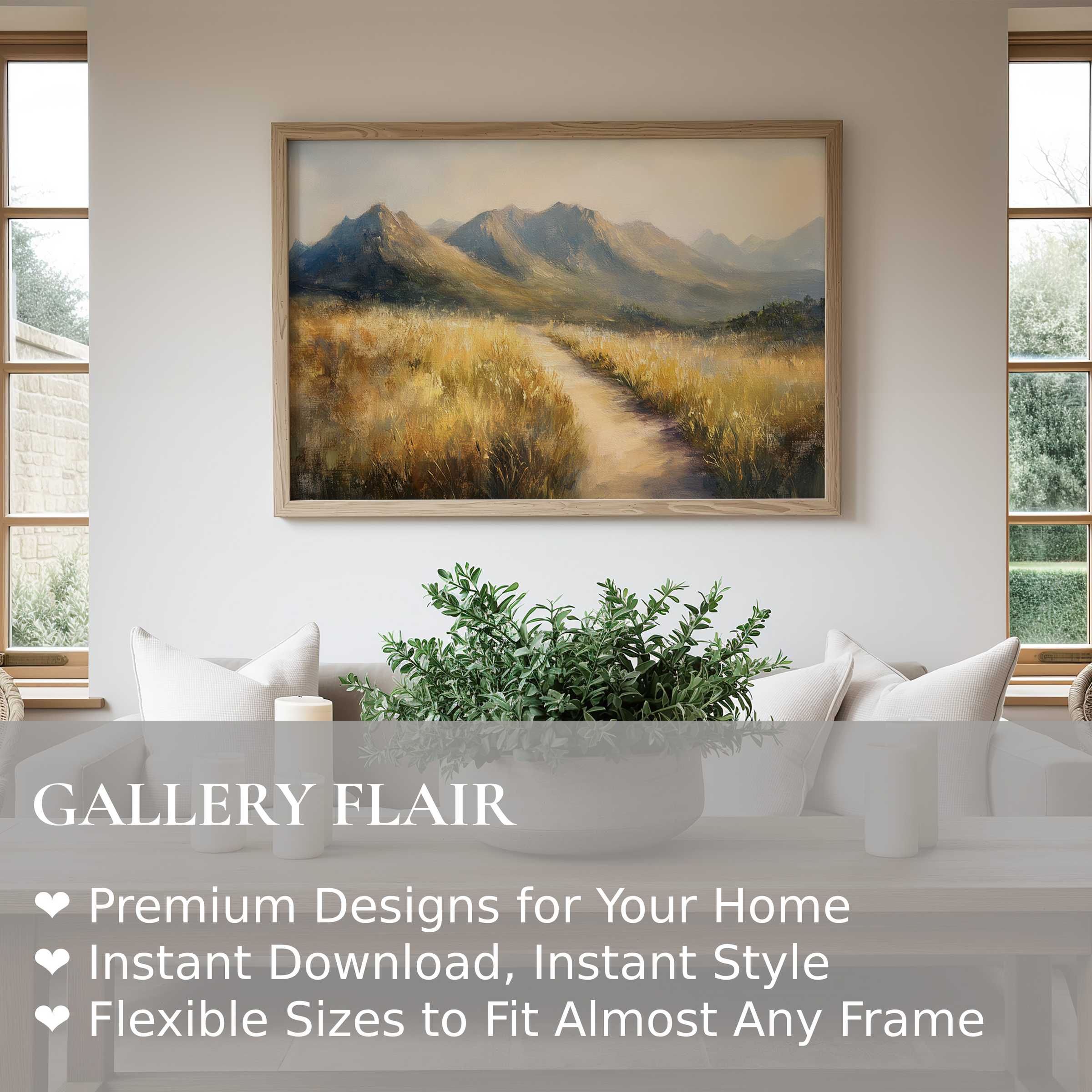Landscape wall art print capturing a serene mountain path with warm earthy tones, enhancing minimalist, modern interiors with calming, natural elegance