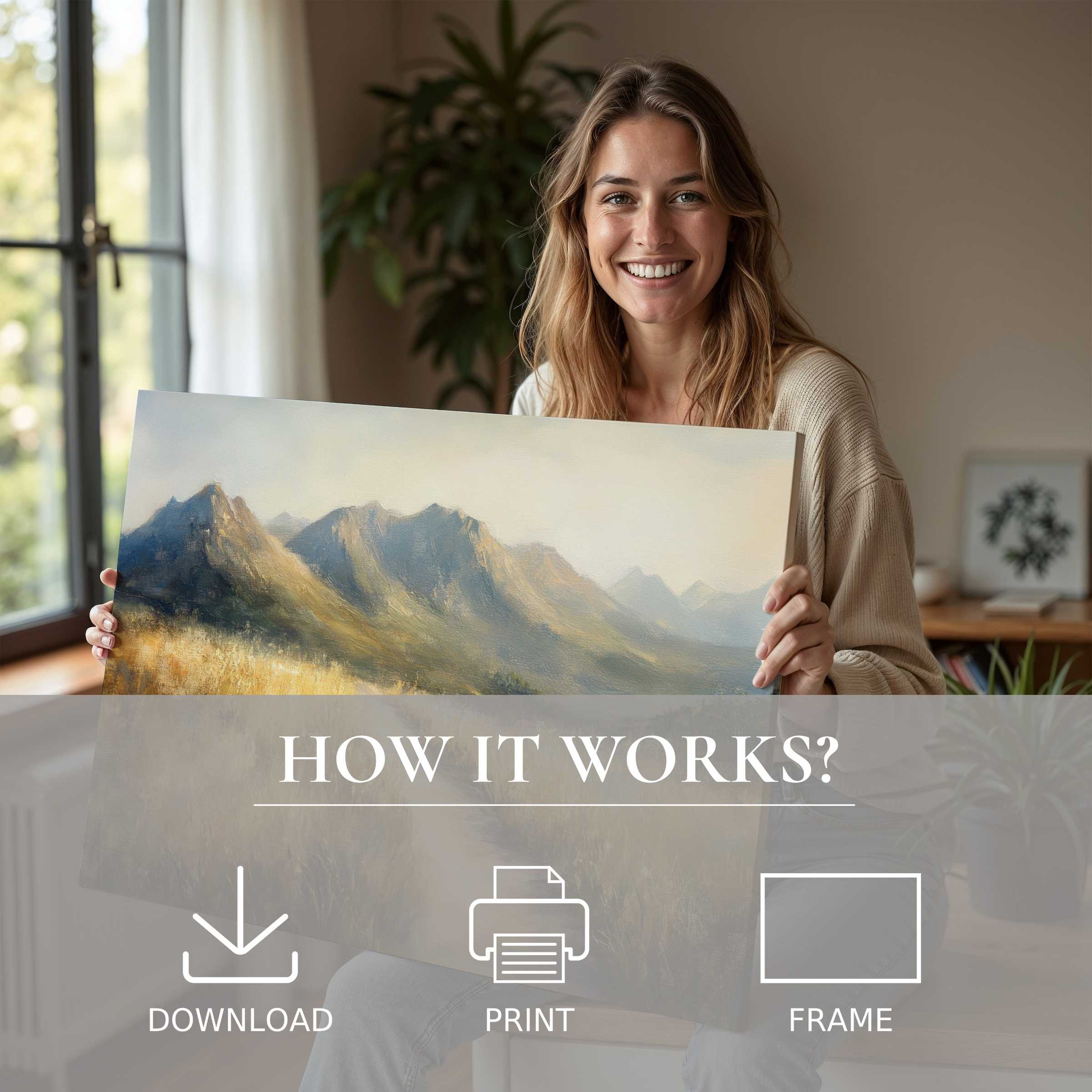 Joyful moment embracing a landscape digital art print in a sunlit, modern home, celebrating art’s serene presence