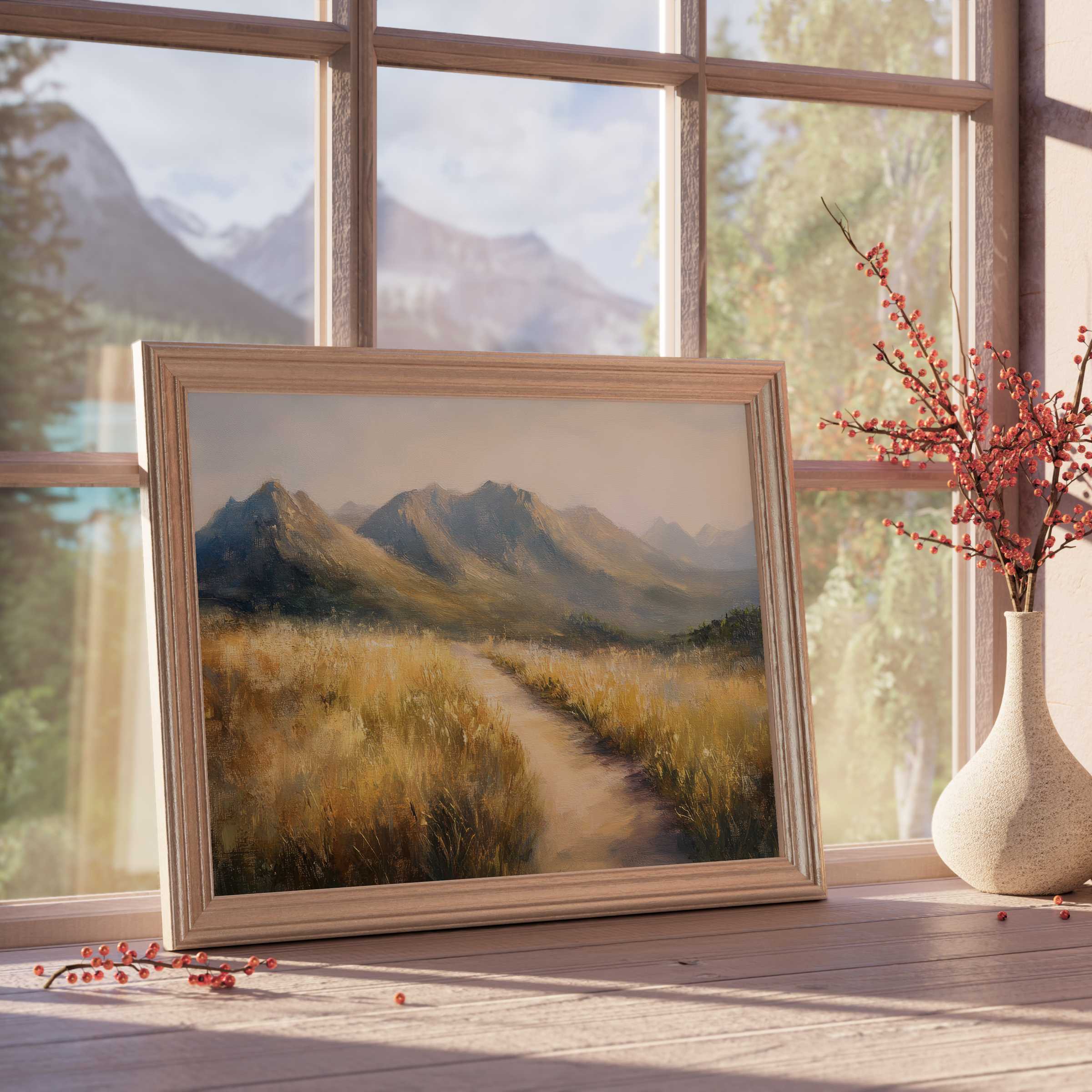 Serene landscape downloadable art with warm, golden fields and distant mountains, elevating refined interiors with tranquil, nature-inspired elegance