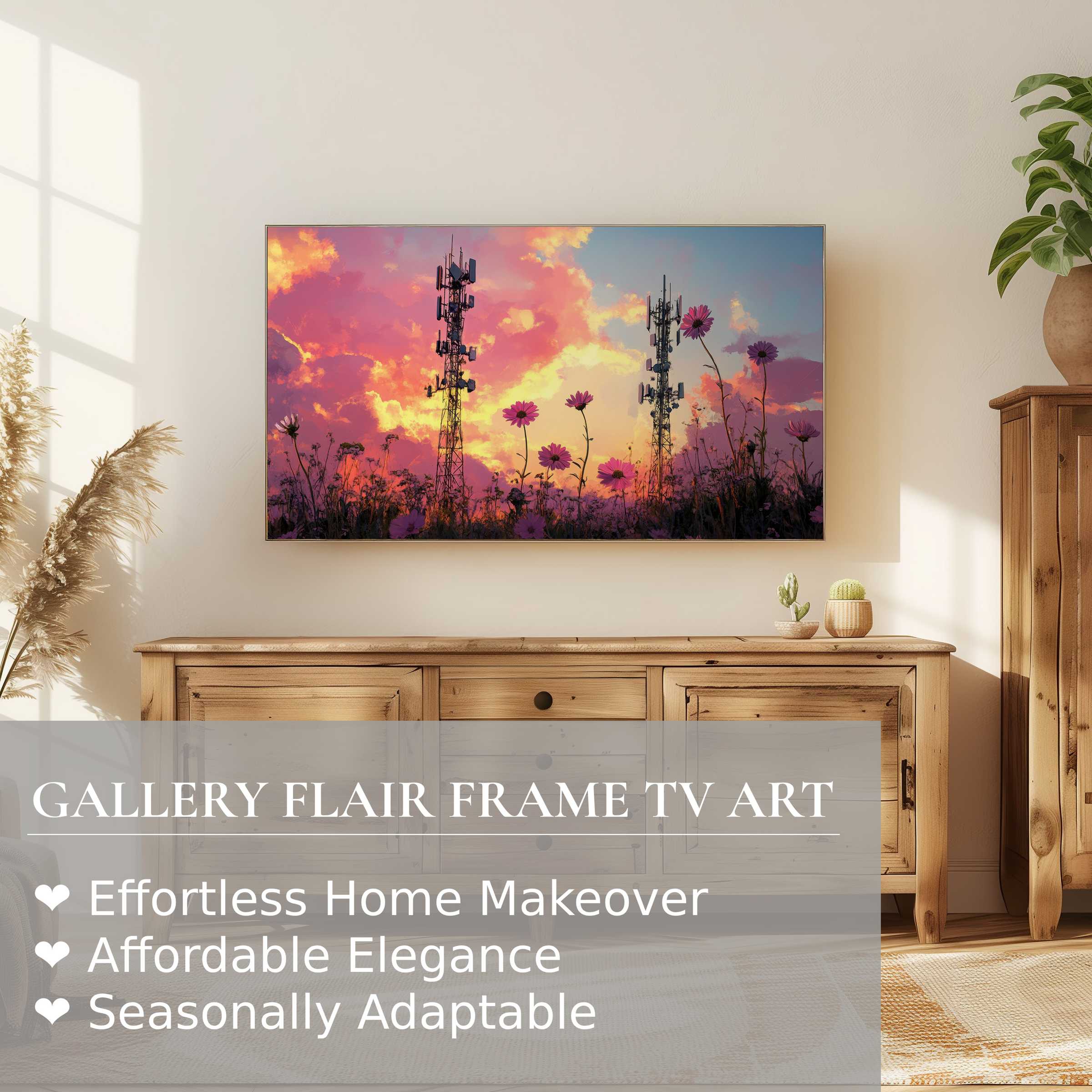 Samsung Frame TV displays vibrant street art digital artwork blending sunset hues with urban floral elegance